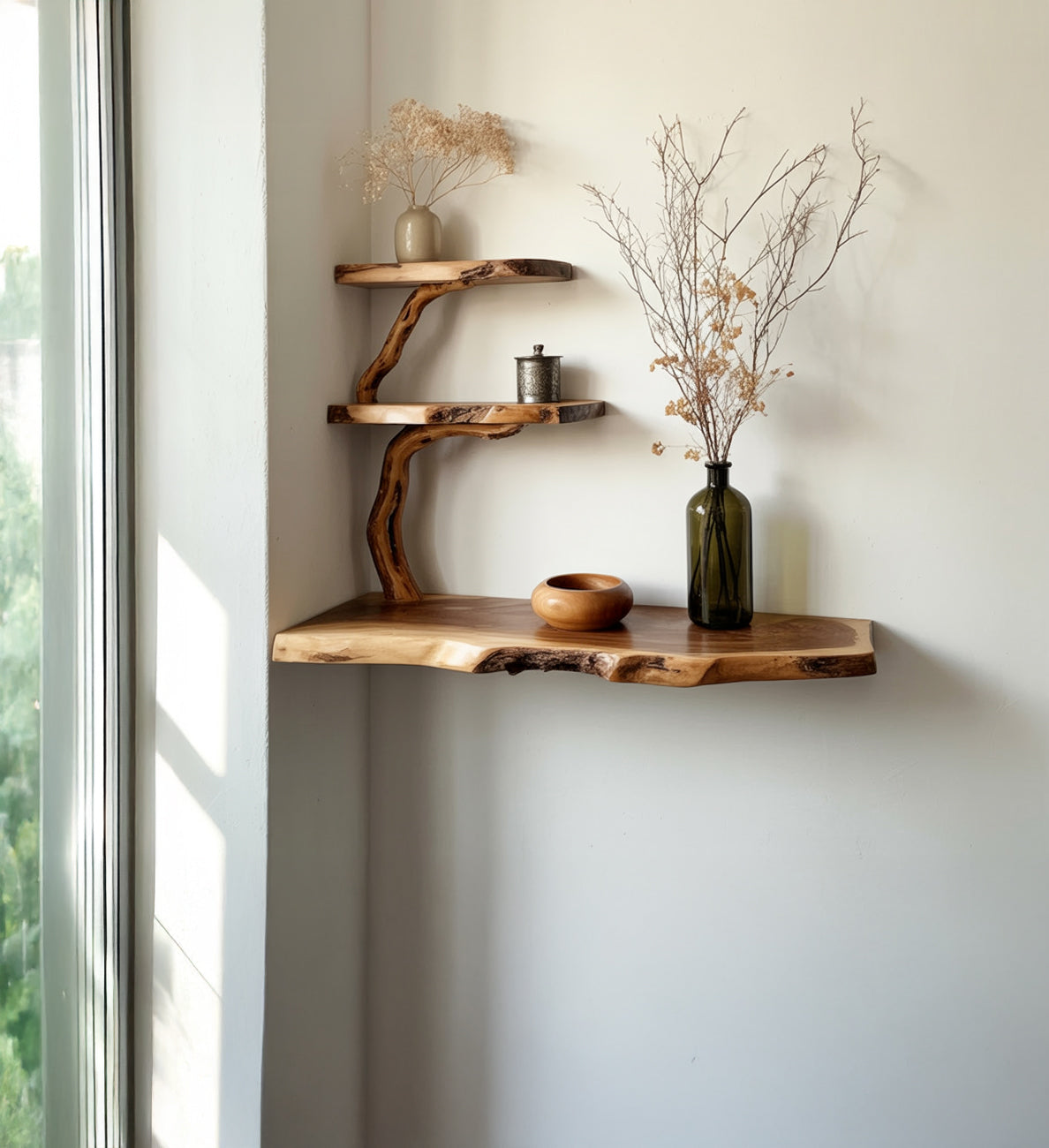 Schwebendes Regal mit Naturkante – Massivholz-Wand- und Bücherregal