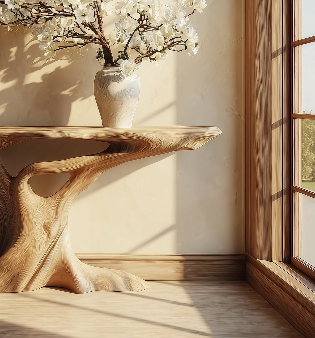 Handgefertigter Konsolentisch mit Baumkante – rustikaler Farmhouse-Stil