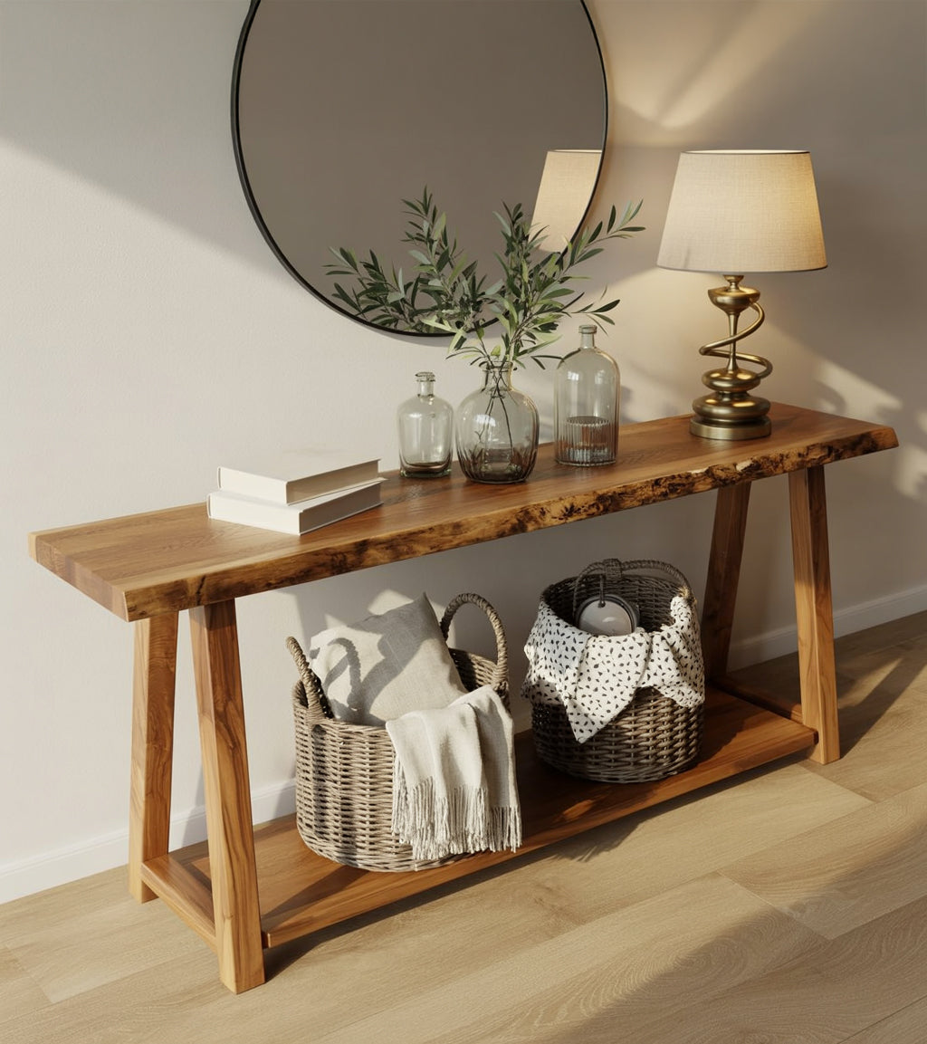 Rustikaler Konsolentisch aus recyceltem Holz – Live-Edge-Tisch für den Eingangsbereich