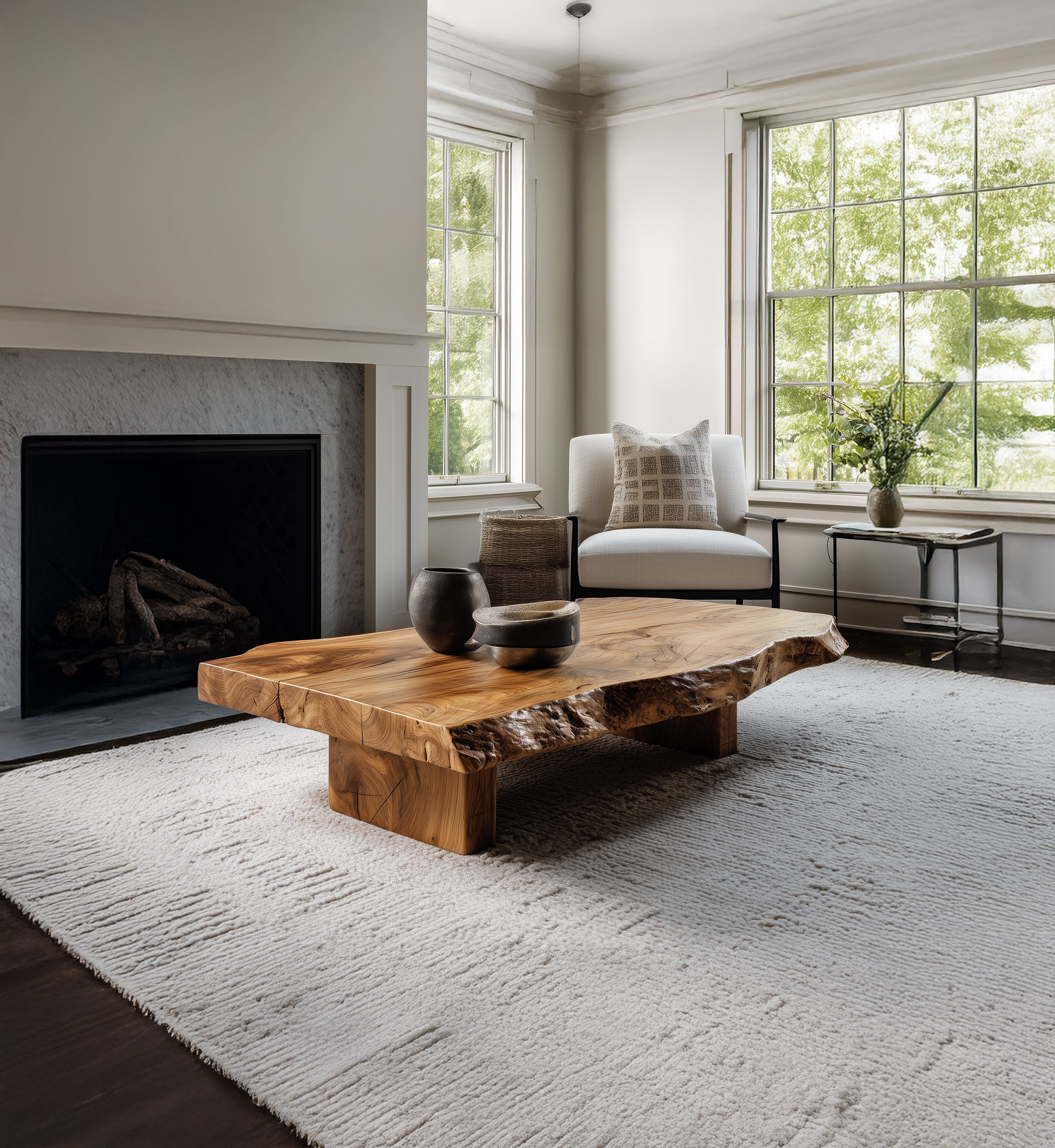 Rustikaler niedriger Couchtisch aus Altholz mit natürlicher Baumkante