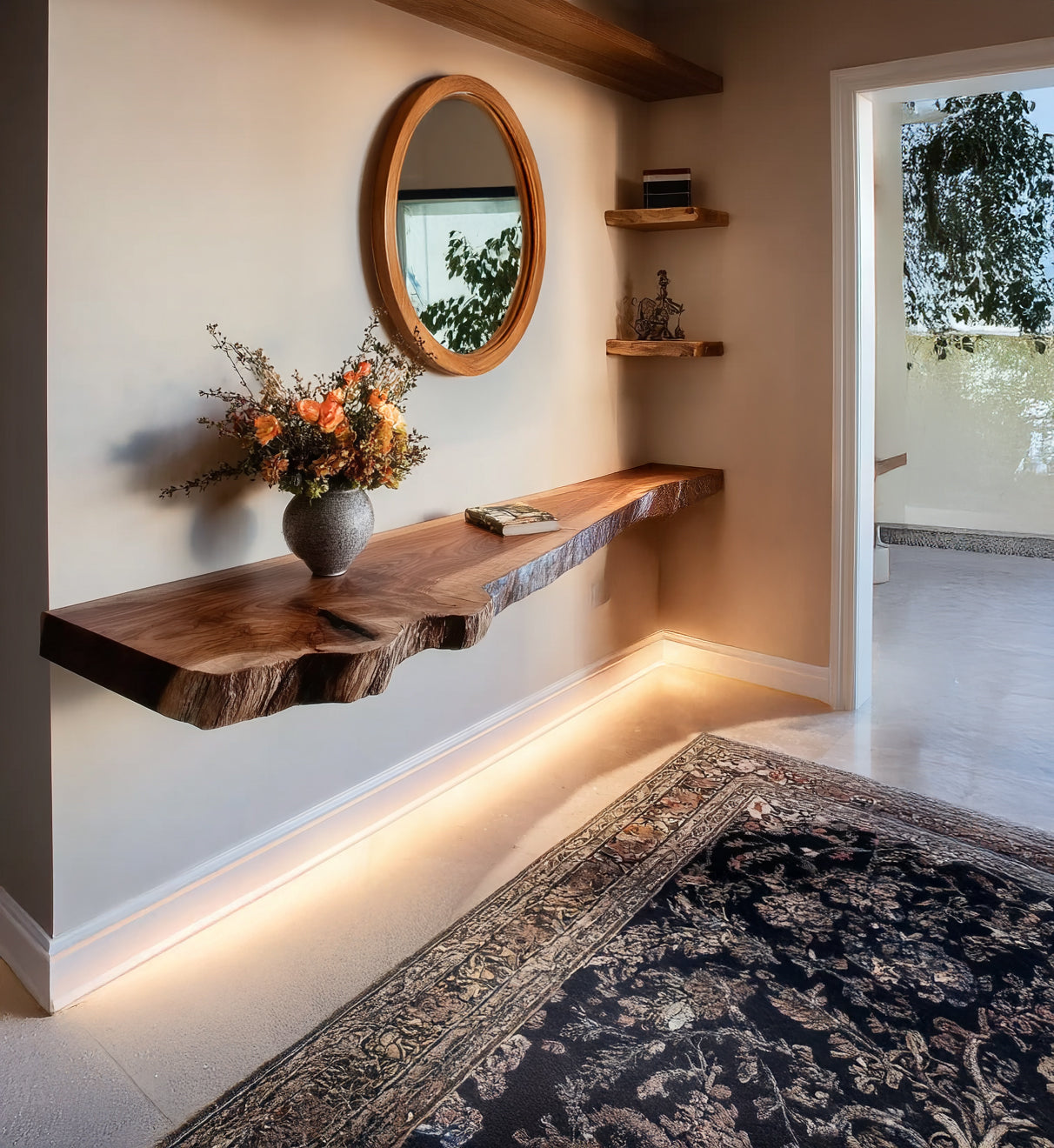 Natürliche schwebende Regale mit Naturkante – Rustikale Wandregale aus Massivholz