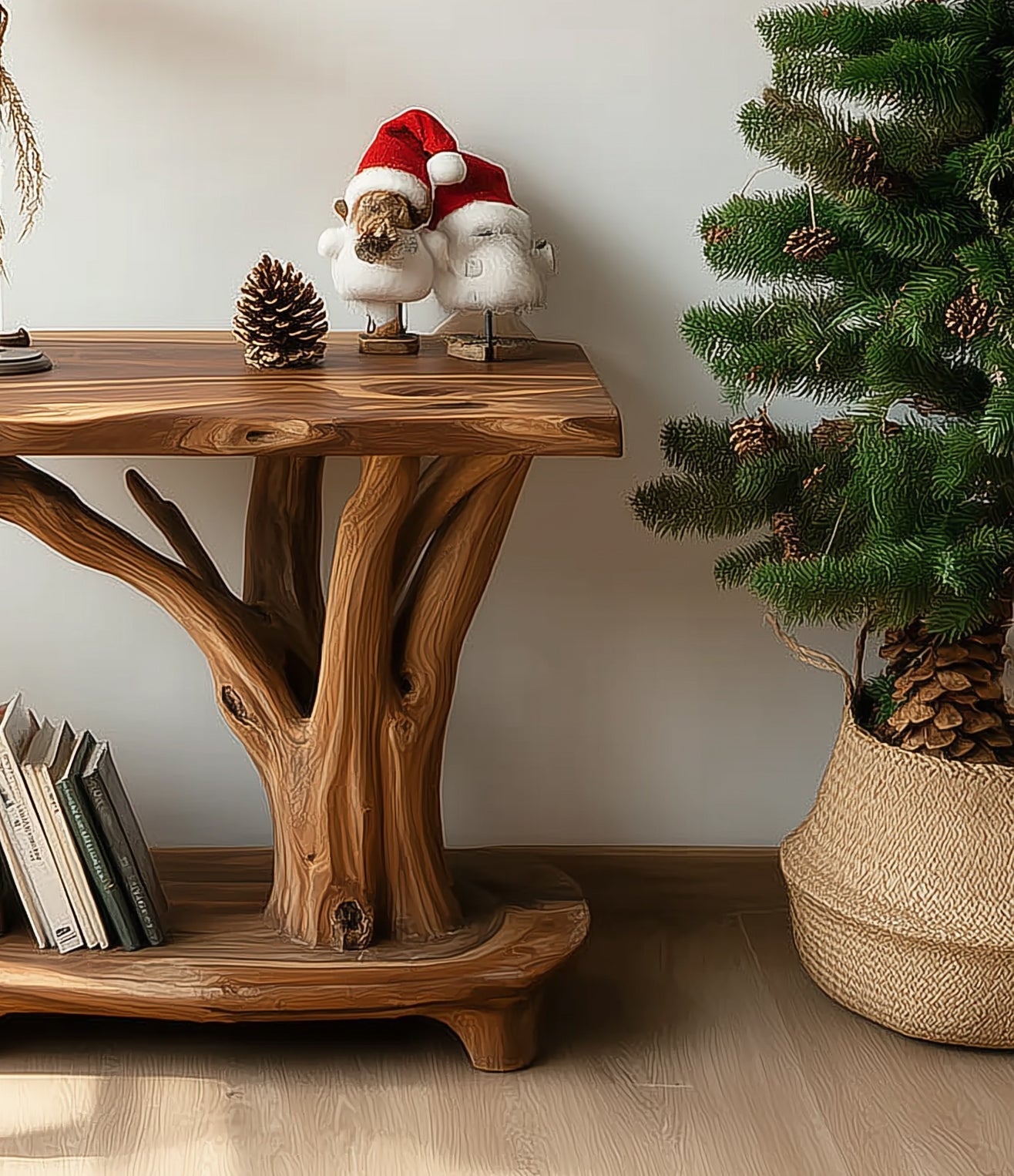Rustikaler Massivholz-Beistelltisch mit Baumzweig-Design und Ablage