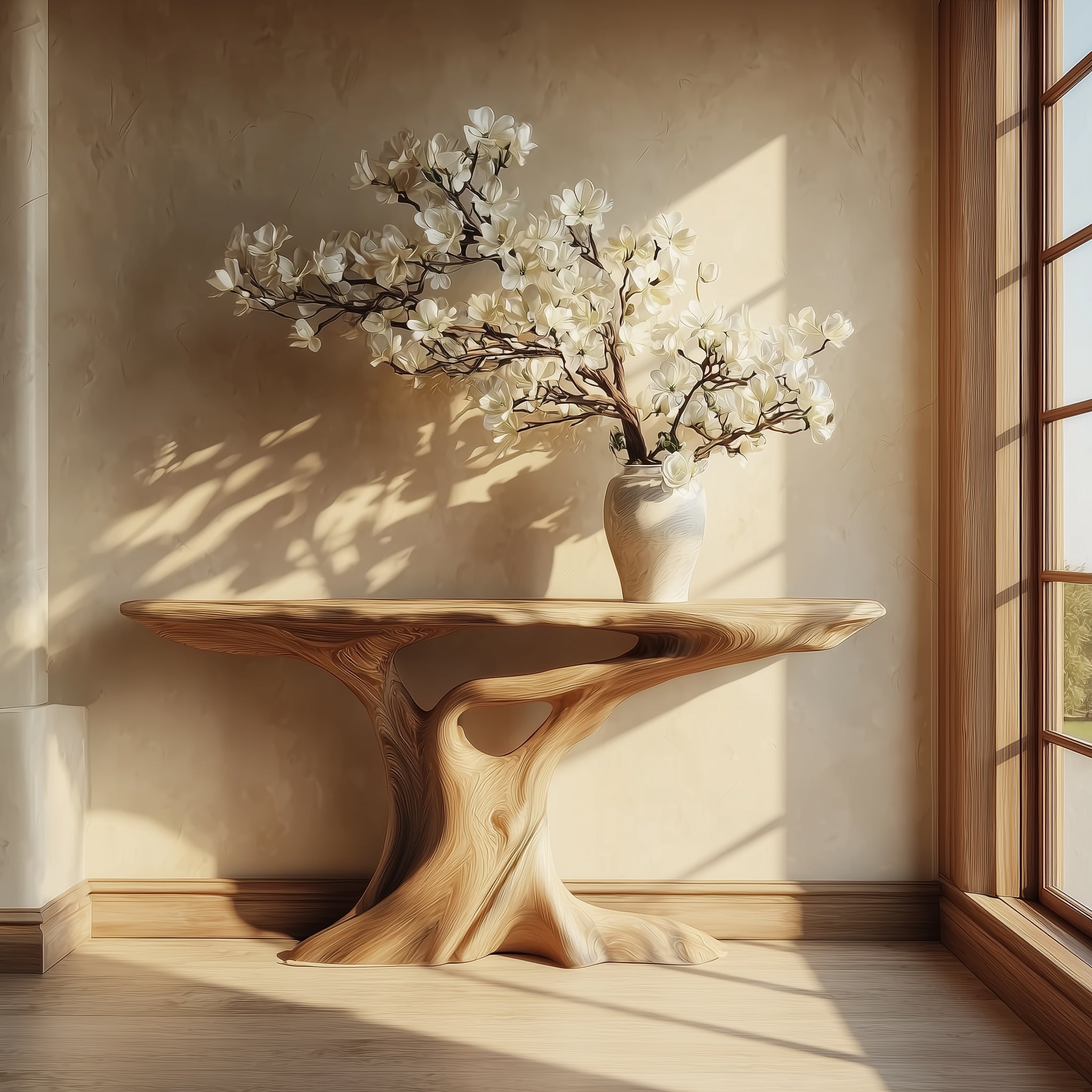 Handgefertigter Konsolentisch mit Baumkante – rustikaler Farmhouse-Stil