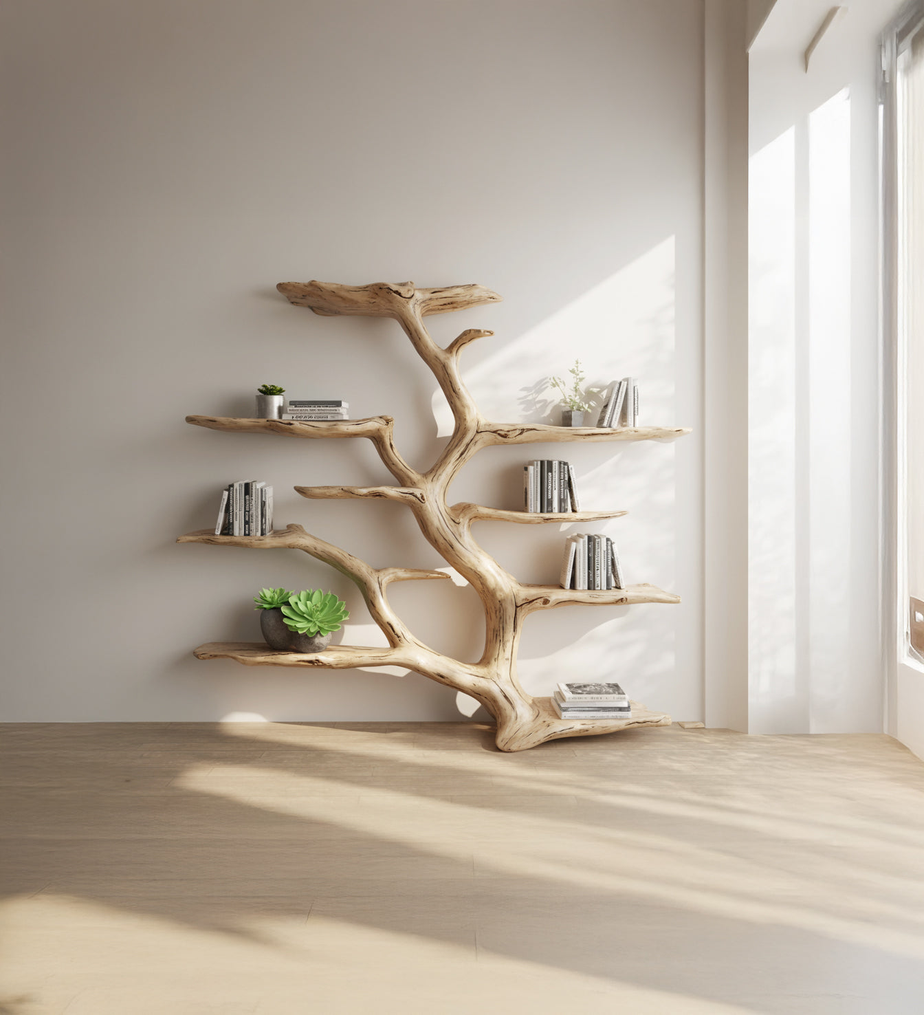 Baum-Bücherregal – handgefertigt aus Holz mit Baumkante, rustikale Wanddekoration