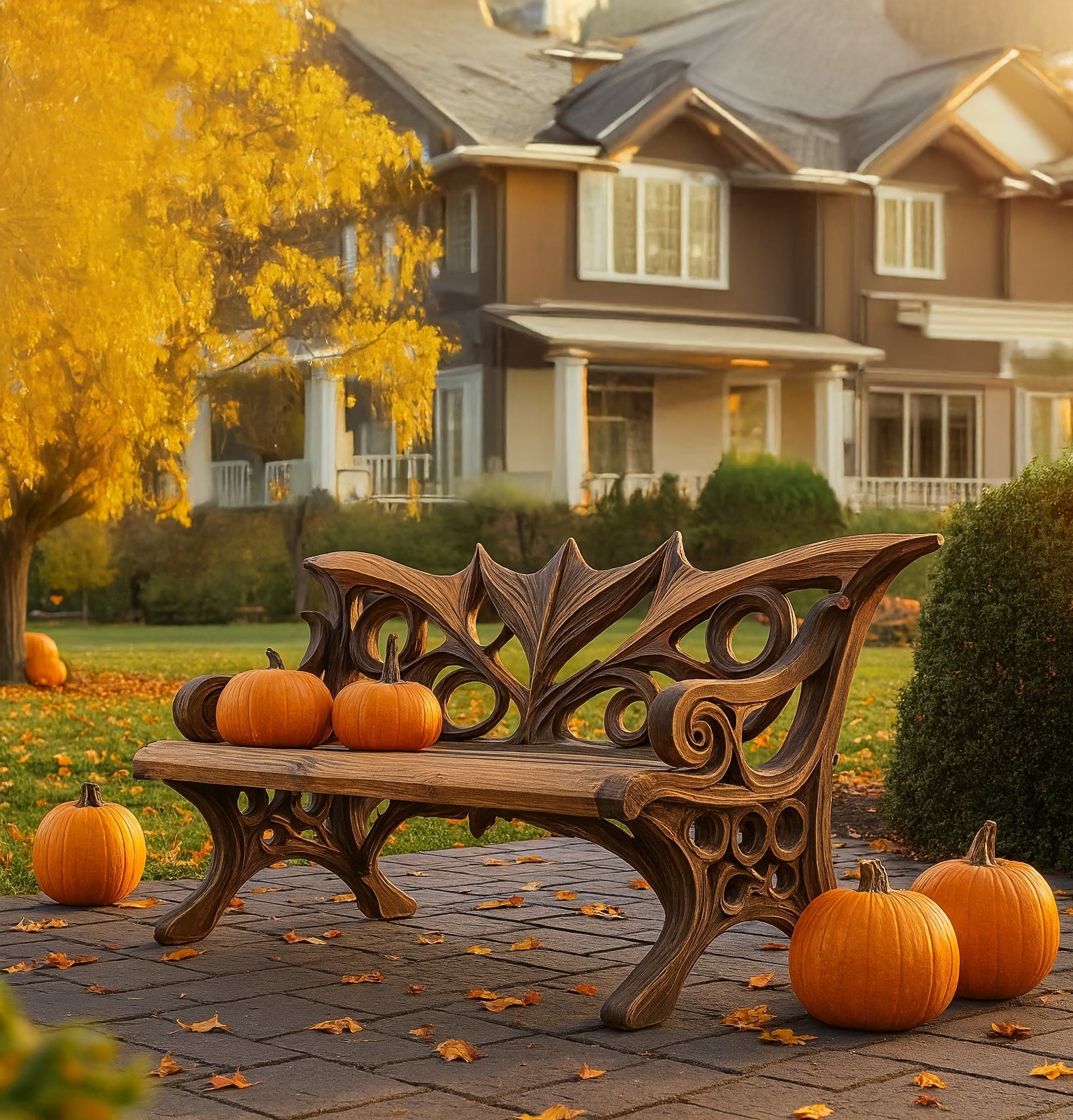 Rustikale Outdoor-Halloween-Bank – Handgefertigte Mid-Century-Verandabank
