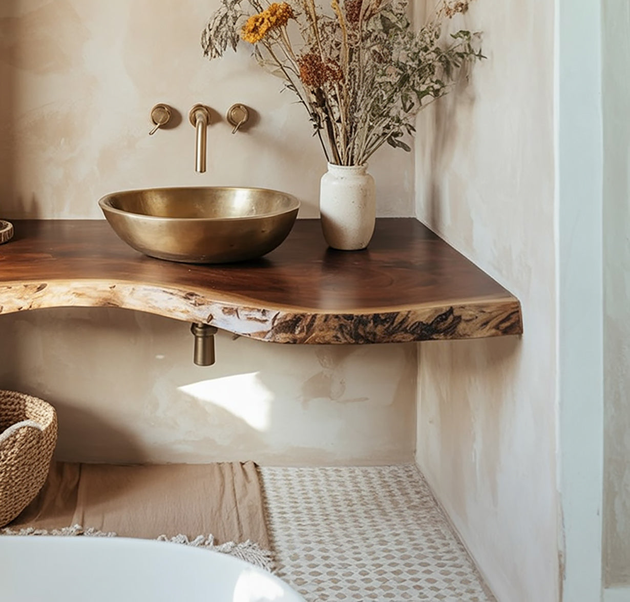 Schwebendes Live-Edge Waschtischregal – Handgemachte rustikale Baddeko