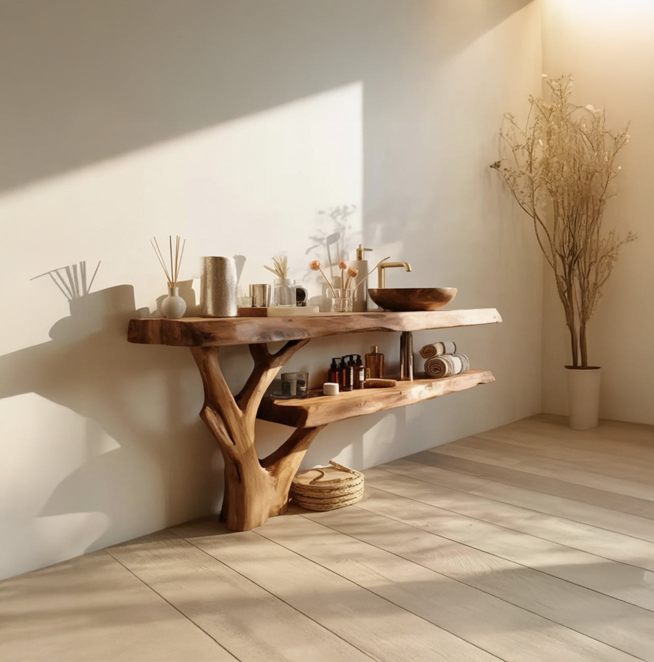 Waschtischunterschrank aus Massivholz mit Live Edge im Landhausstil