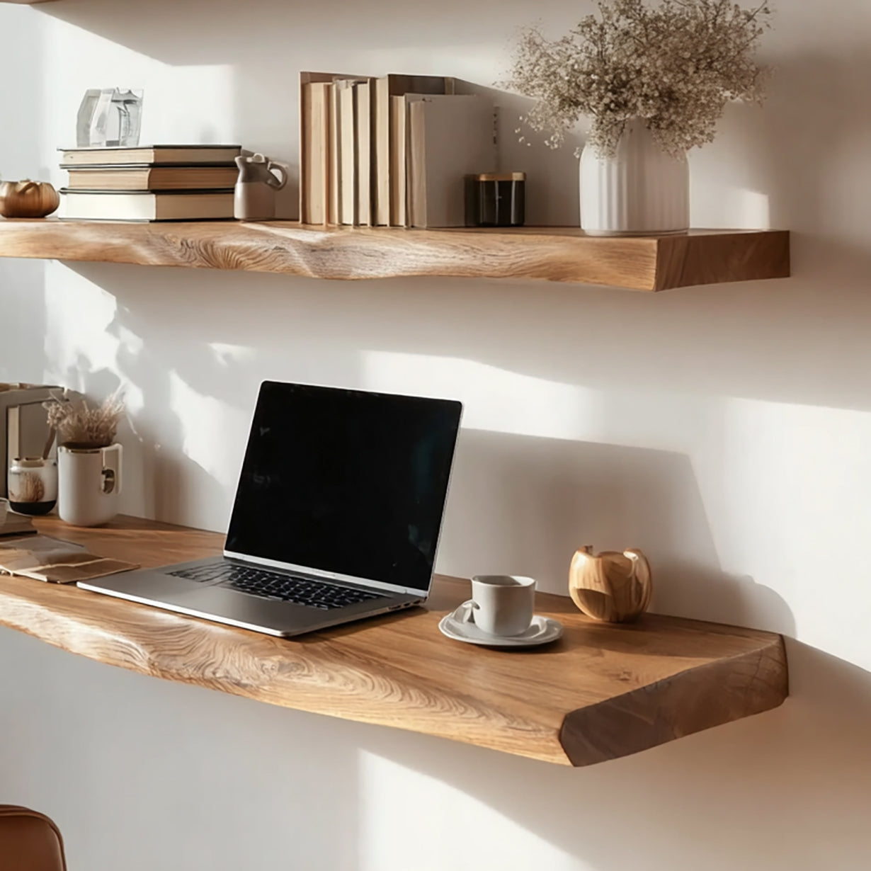 Handgefertigter Massivholz-Schreibtisch mit Live Edge – Wandmontiertes Regal fürs Moderne Büro