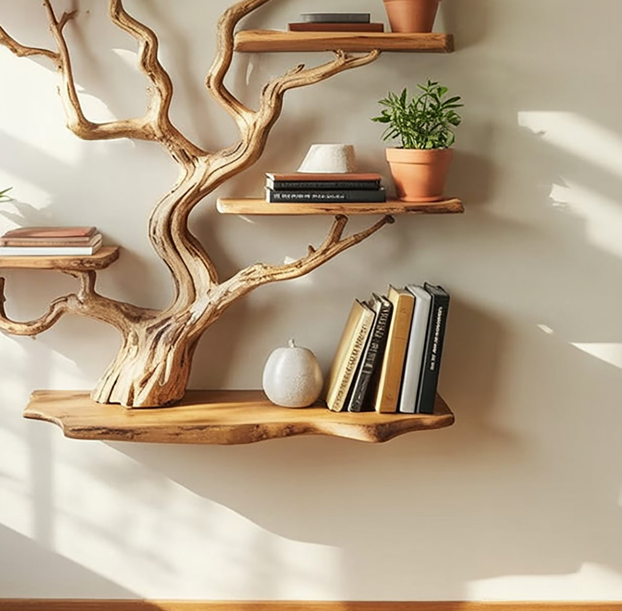 Schwebendes Tree Branch Bücherregal aus Massivholz – Treibholz Wandkunst