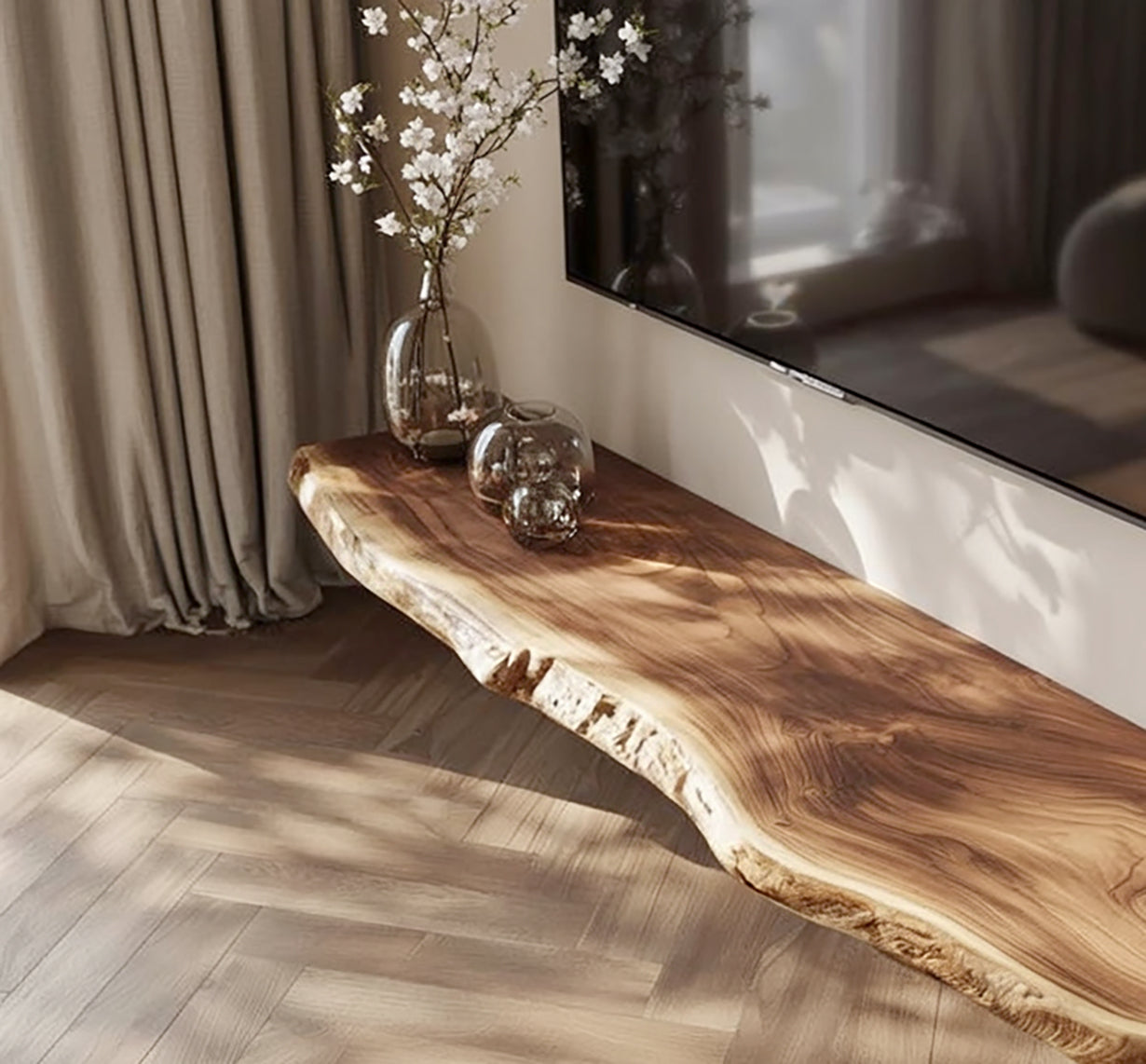 Schwebendes Massivholz-TV-Regal – Rustikal, handgefertigt & modern
