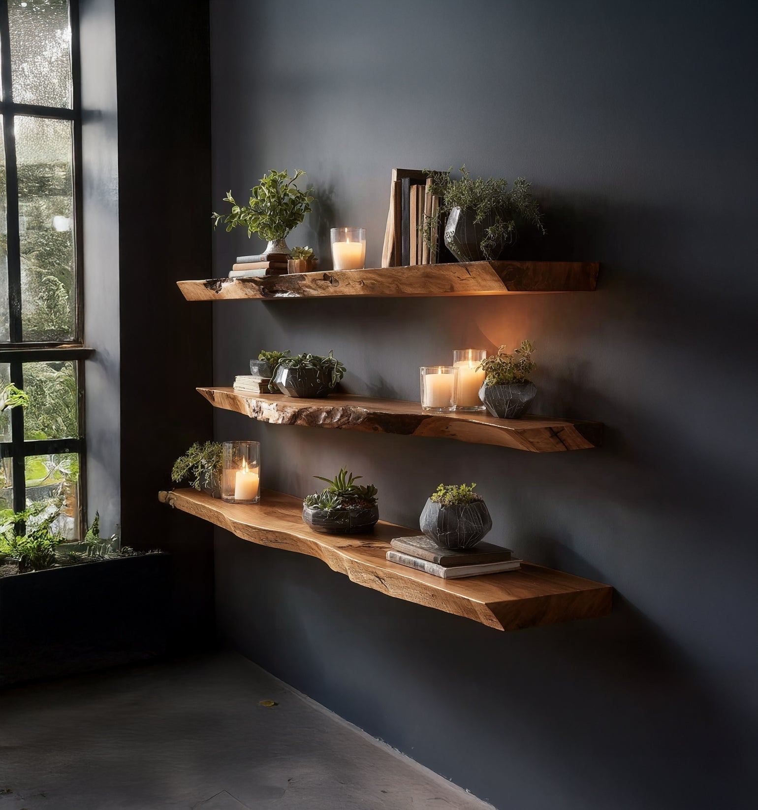 Handgefertigte Holzregale mit Baumkante – Massivholz-Schweberegale als Wand