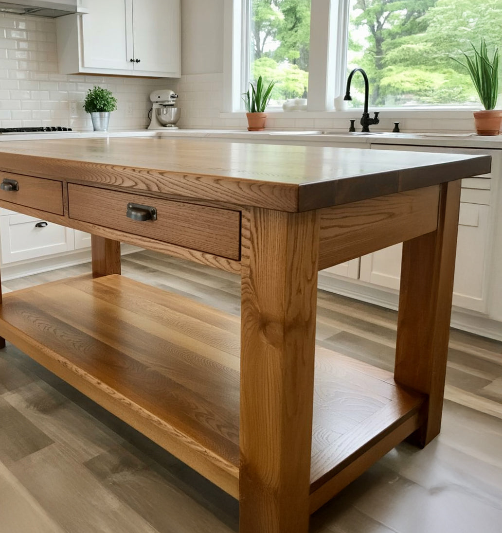 Rustikale Kücheninsel aus recyceltem Holz mit Stauraum – Farmhouse-Thekentisch