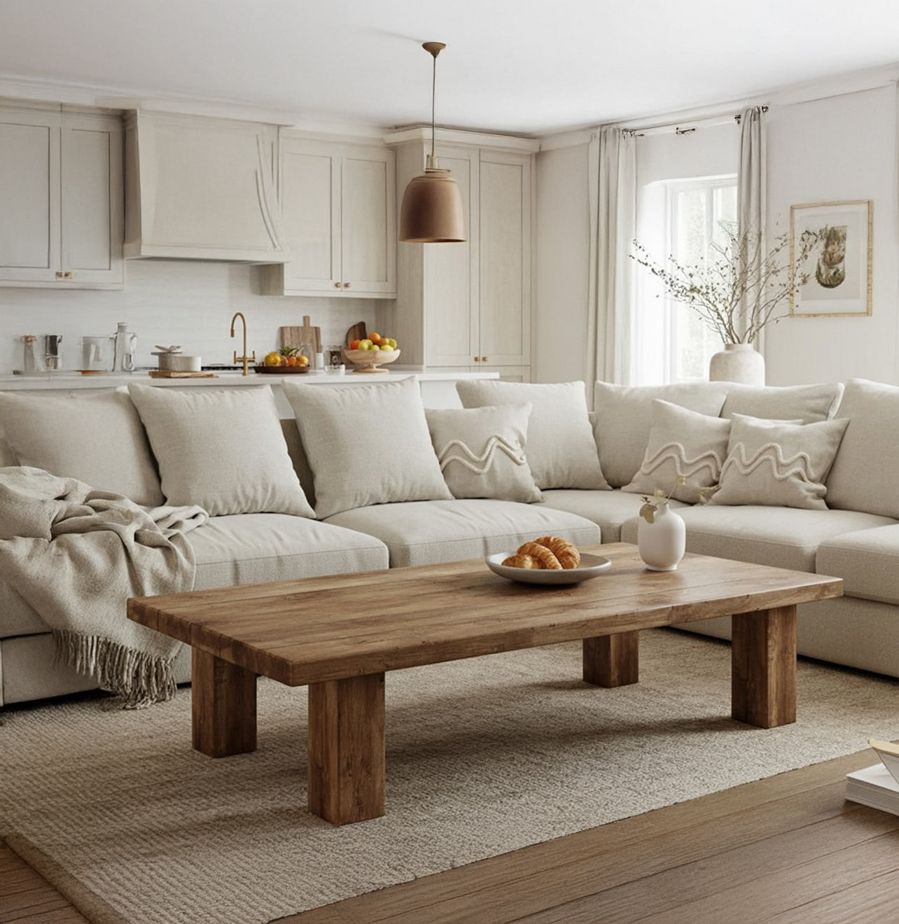 Rustikaler Couchtisch aus recyceltem Holz mit Ablage – Farmhouse-Handarbeit