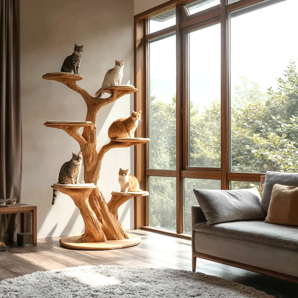 Maßgefertigter Baum-Kratzbaum aus Holz – Handgefertigt, natürliches Indoor-Design