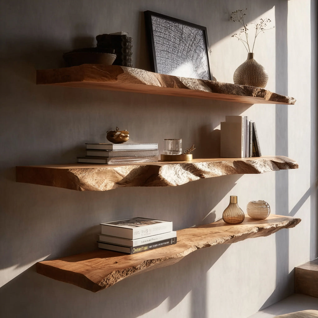 Handgefertigtes Massivholz-Wandregal mit Live Edge – Rustikale Wohnkultur
