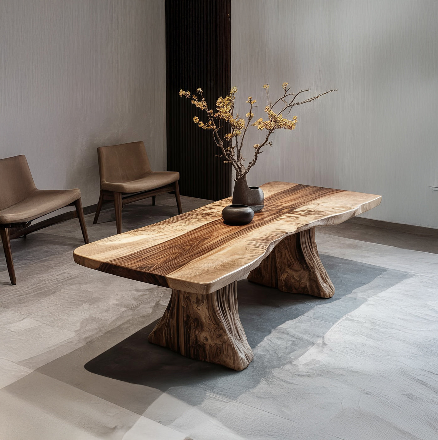 Modern living room with natural wood coffee table and brown chairs on gray floor