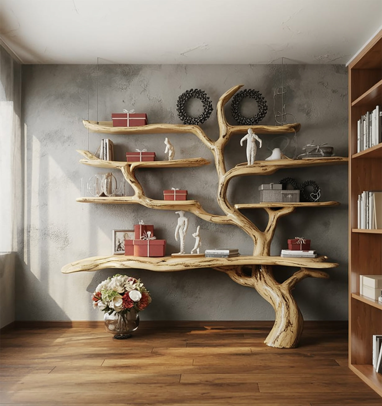 Rustikales Massivholz-Bücherregal – Handgefertigt mit Live Edge Wanddesign