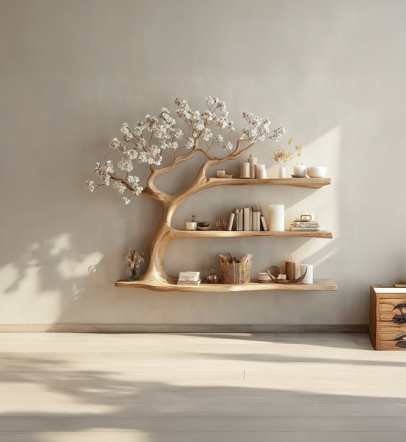 Rustikales Holz-Bücherregal – handgefertigtes Baumregal, einzigartiges Wohnaccessoire