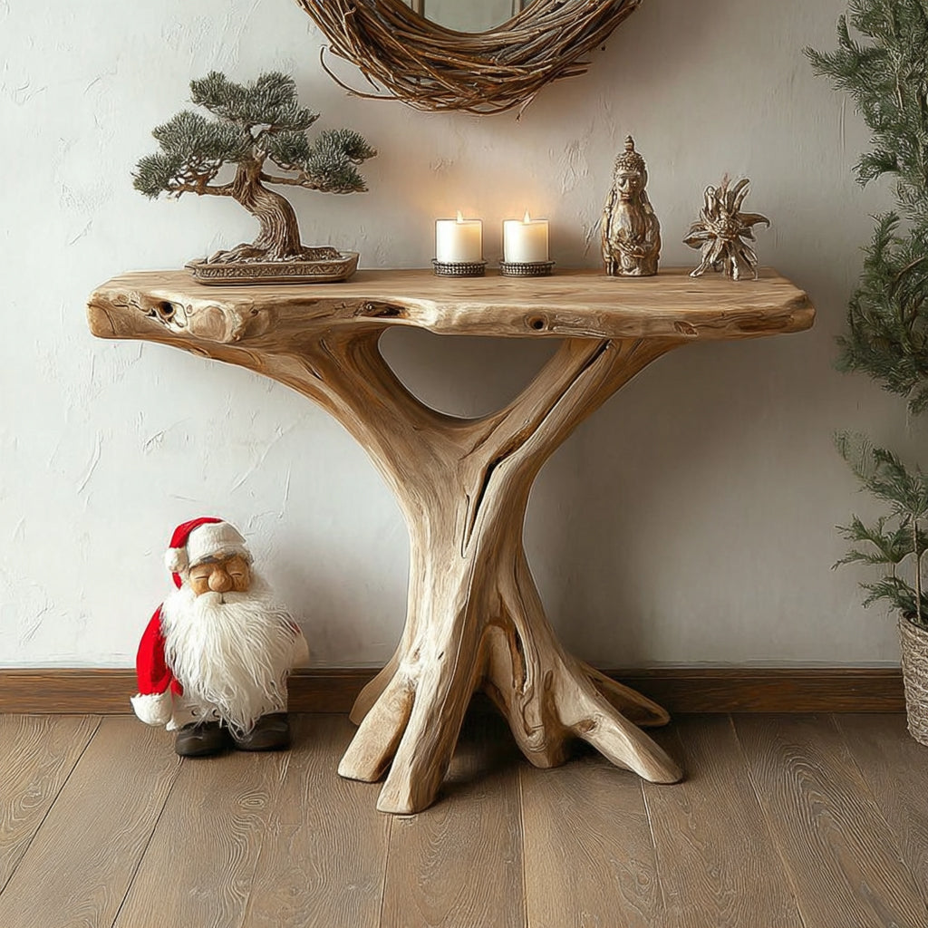Rustikaler Baumwurzel-Konsolentisch – Handgefertigter Live-Edge-Flurtisch