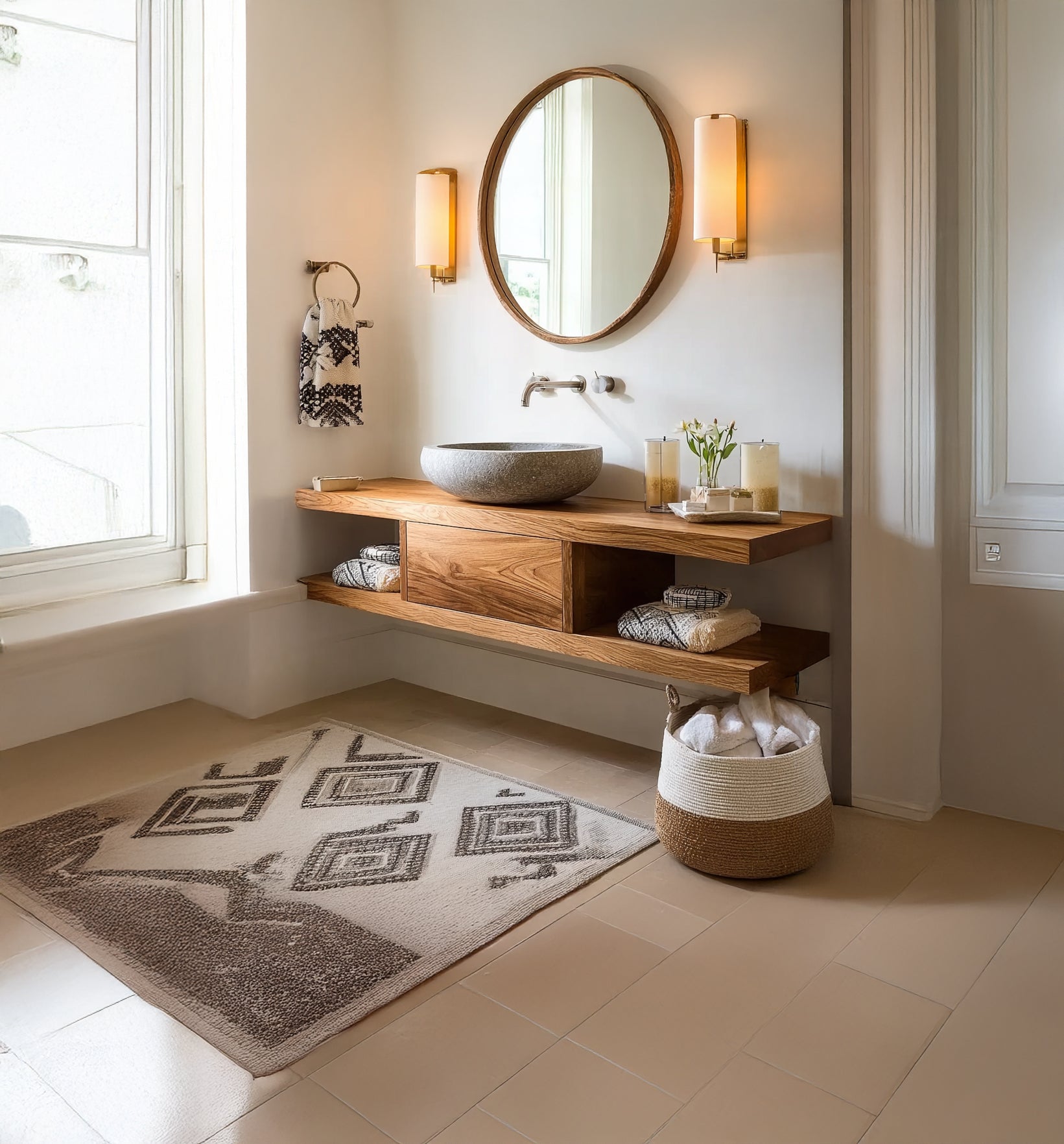 Schwebendes Massivholz-Badezimmerwaschbecken – modernes, minimalistisches Bad