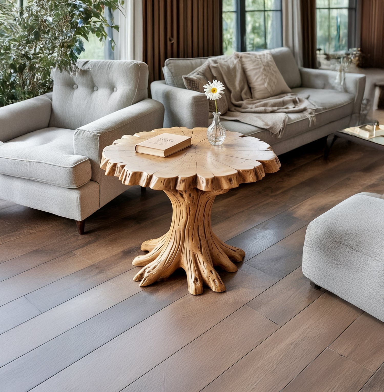 Runder Couchtisch aus Massivholz – Live Edge Baumstamm Design
