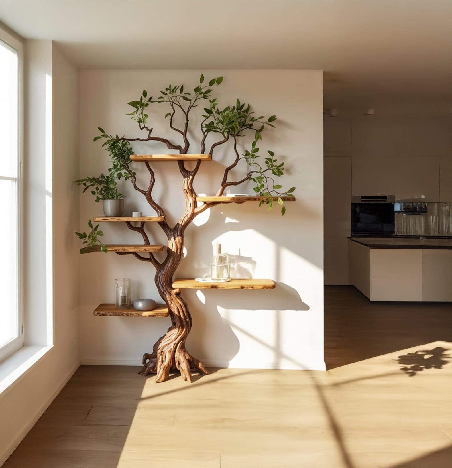 Handgefertigtes Massivholz-Bücherregal – Live Edge Ast Design für Wohnkultur