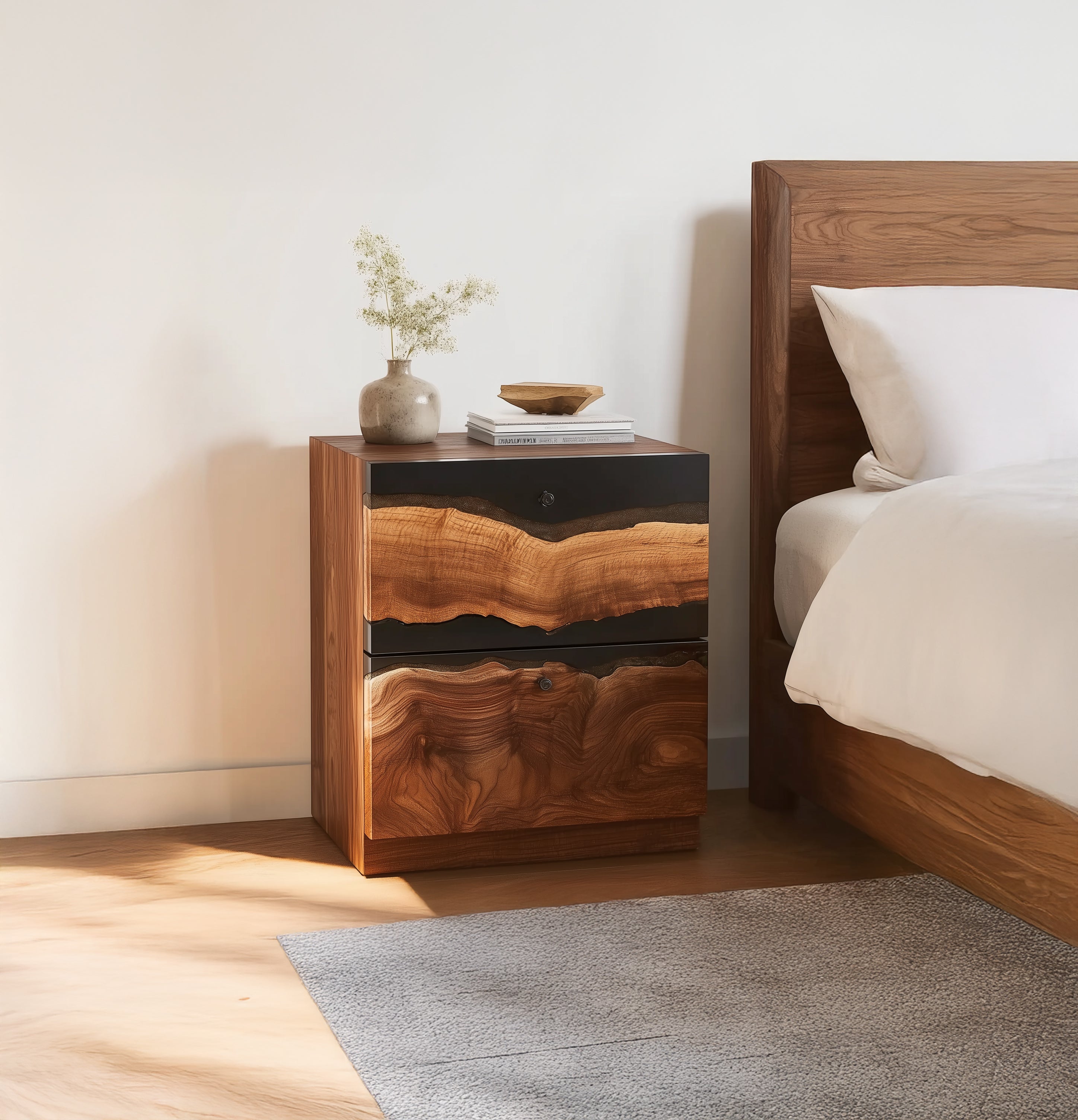 Rustikaler Nachttisch aus Massivholz mit Schublade und offenem Ablagefach