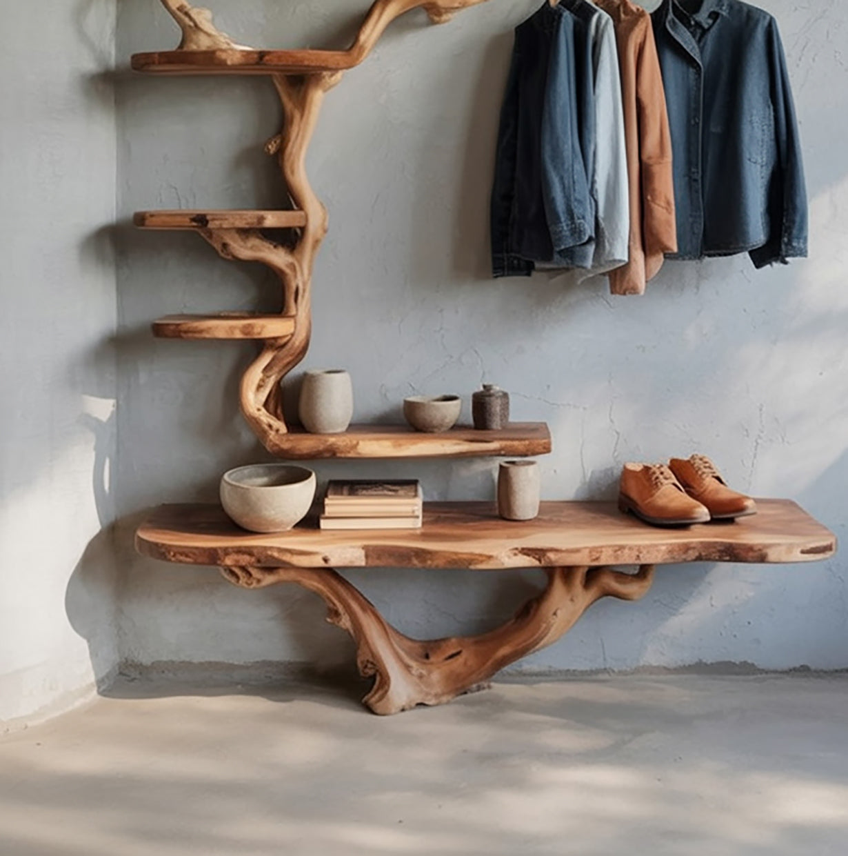 Baumzweig-Garderobe aus Treibholz mit Schuhbank und Wandhaken Regal XL