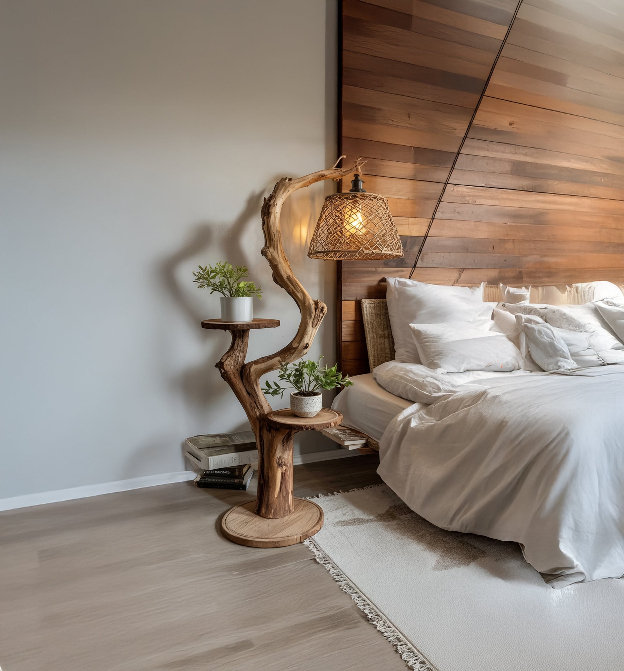 Rustikale Stehlampe aus Treibholz mit Ablagen – handgefertigte Holz-Stehleuchte