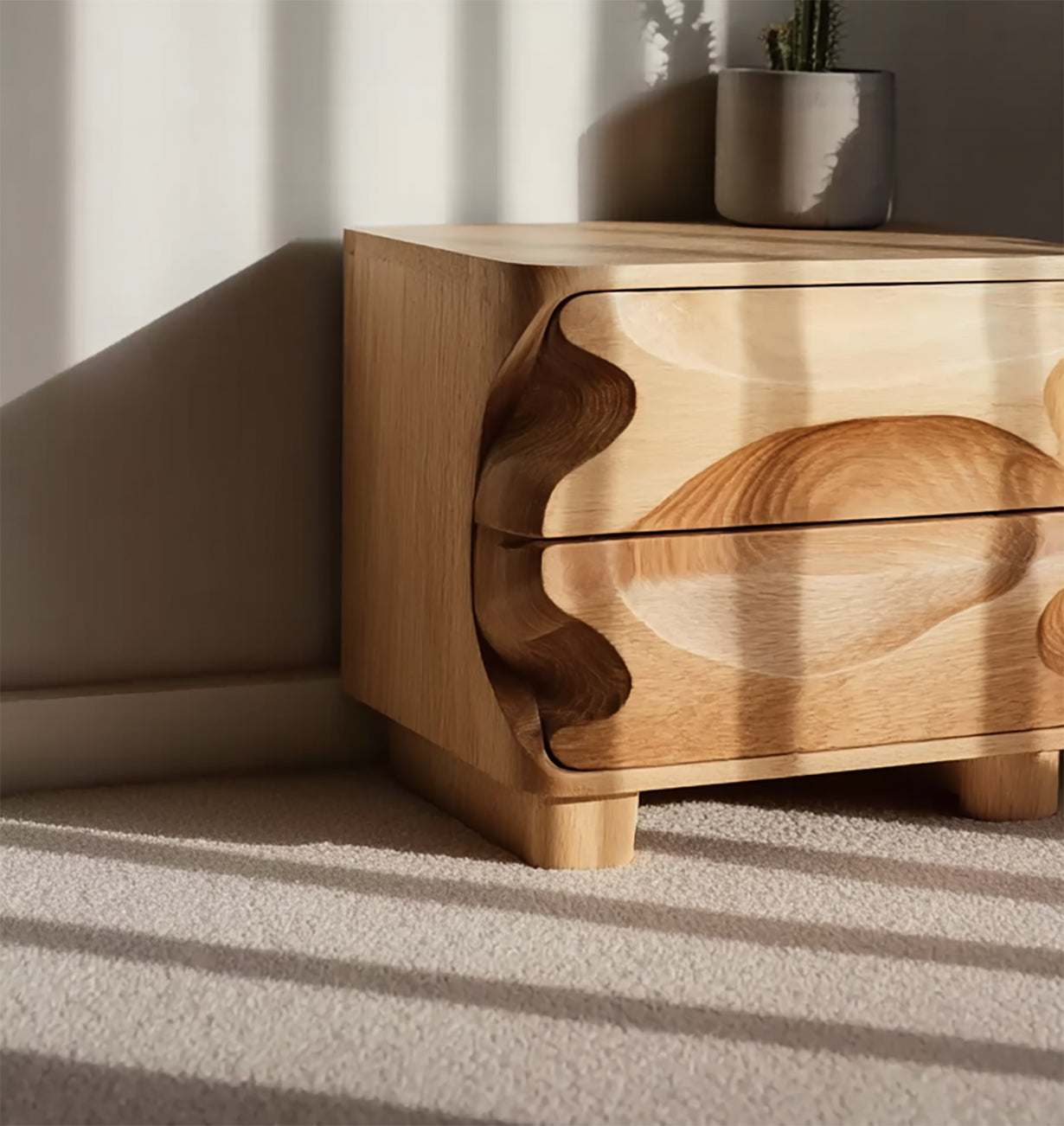 Moderner Wellennachttisch – Massivholz-Nachtisch mit handgeschnitzter Schublade