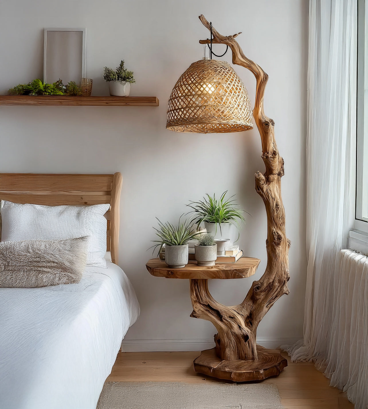 Treibholz-Stehlampe mit Beistelltisch und elegantem Rattanschirm