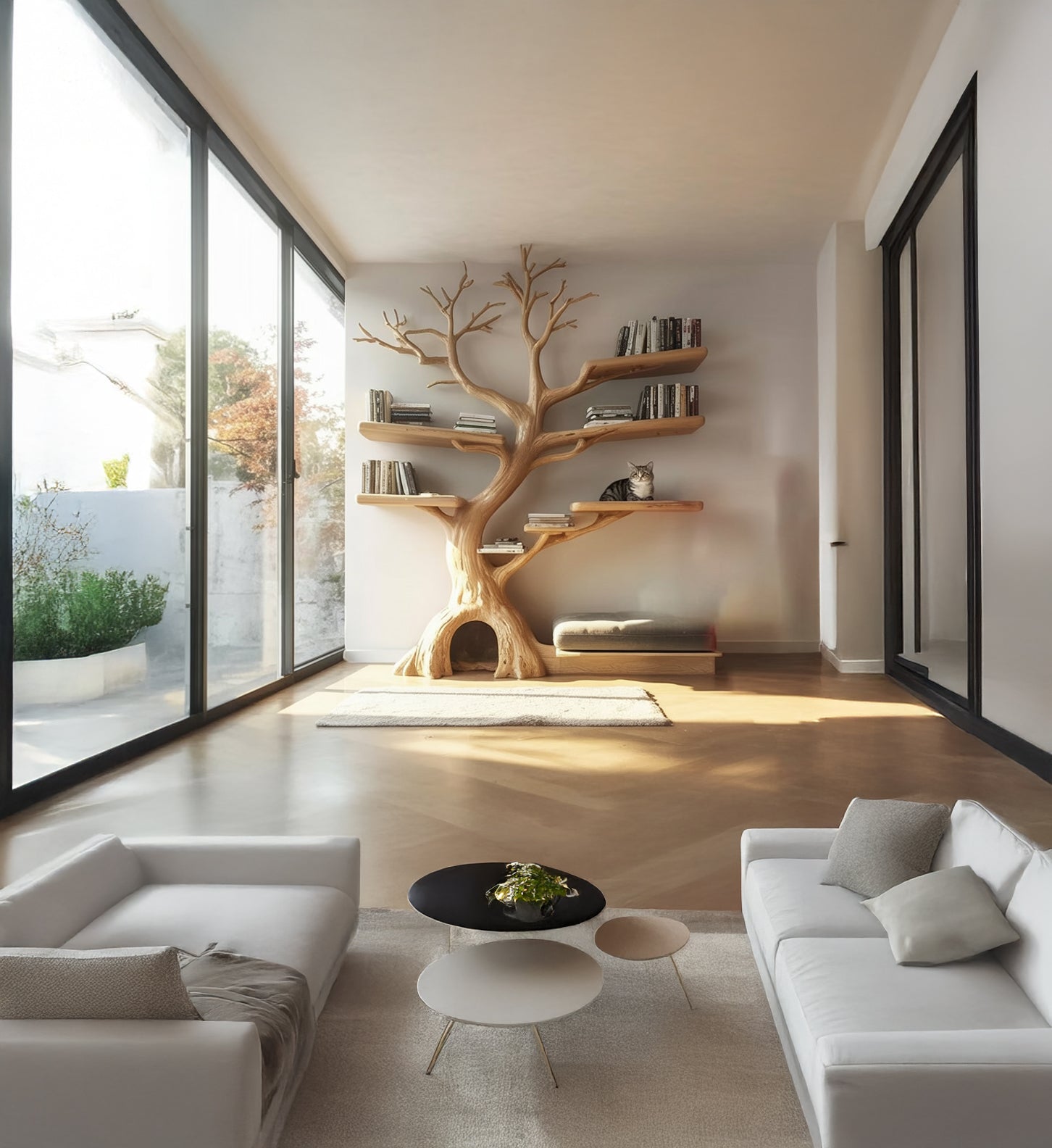 Baumförmiges Holzregal mit Katzenhaus – Handgefertigte Massivholz-Tiermöbel