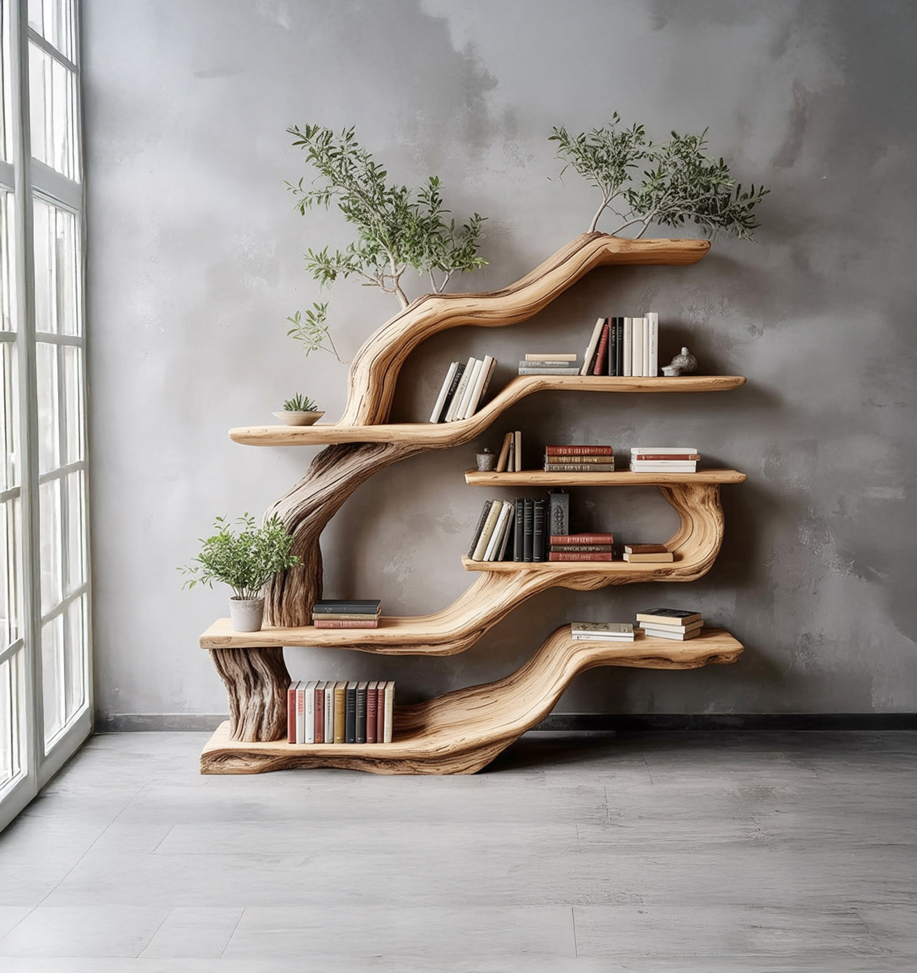 Handgefertigtes Live Edge Bücherregal – künstlerisches Baumzweig-Design