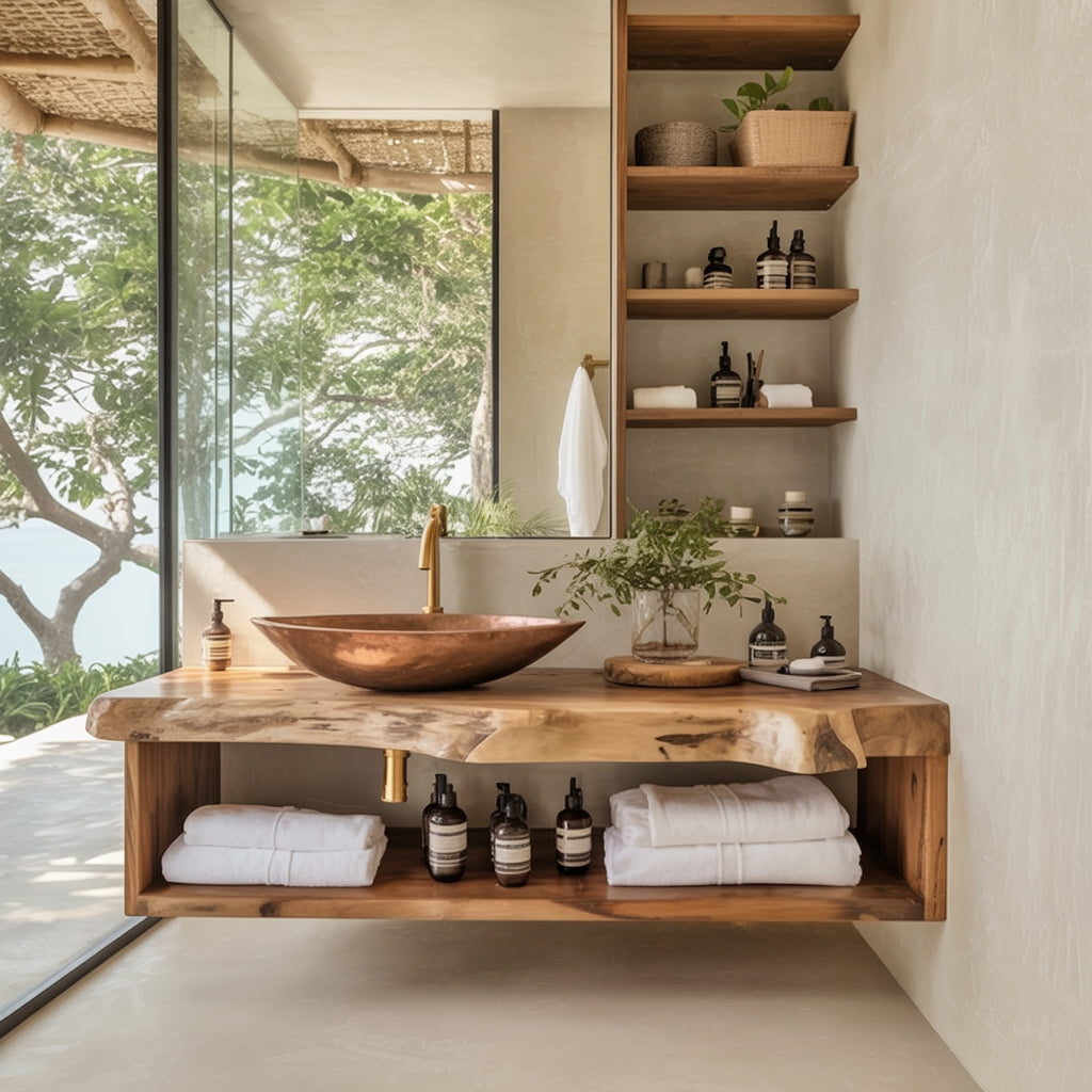 Handgefertigter schwebender Badezimmer-Waschtisch aus Massivholz – Farmhouse-Stil