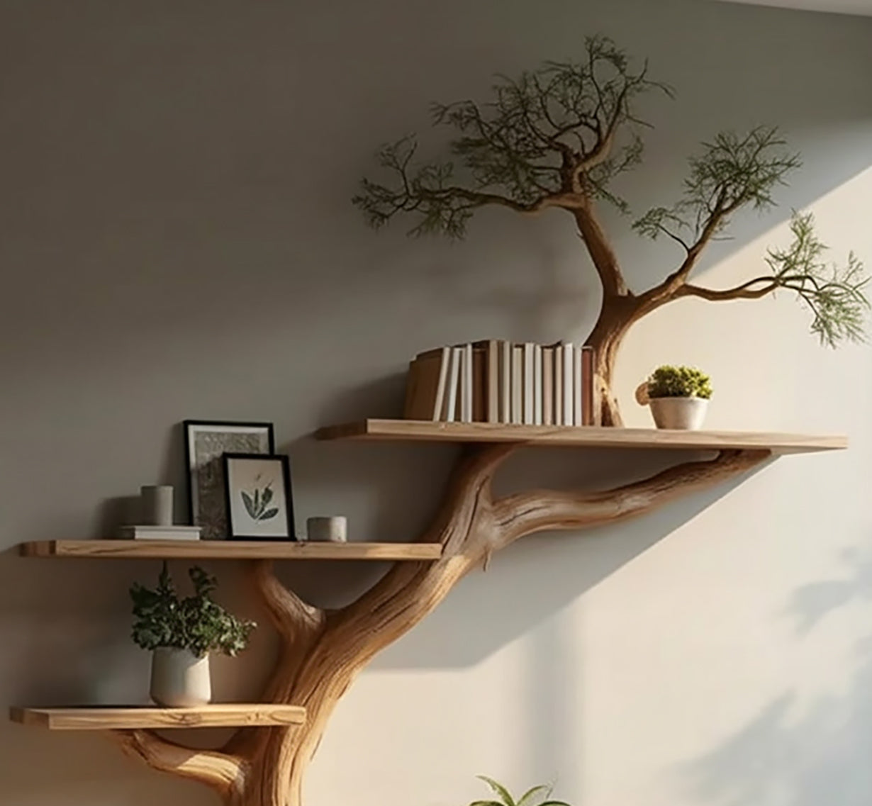 Rustikales Baum Bücherregal – Schwebendes Wandregal Wohnzimmer