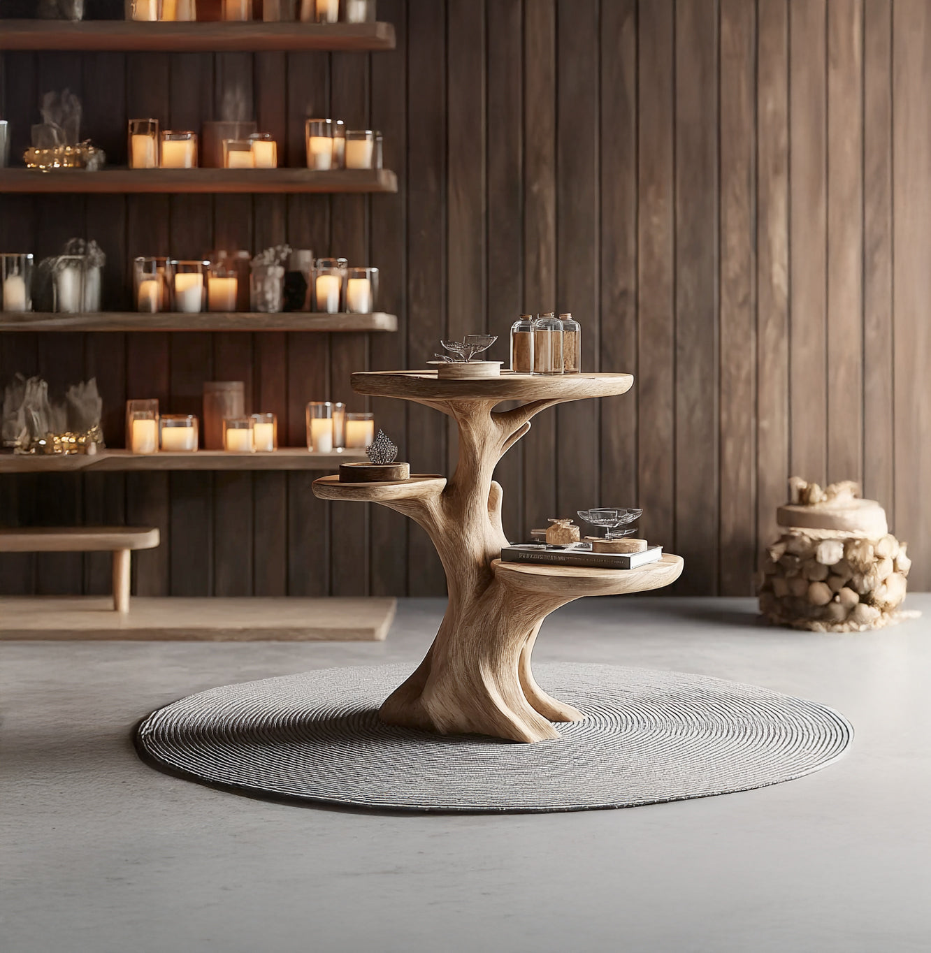 Handgefertigter Beistelltisch aus Massivholz im skulpturalen Baumdesign