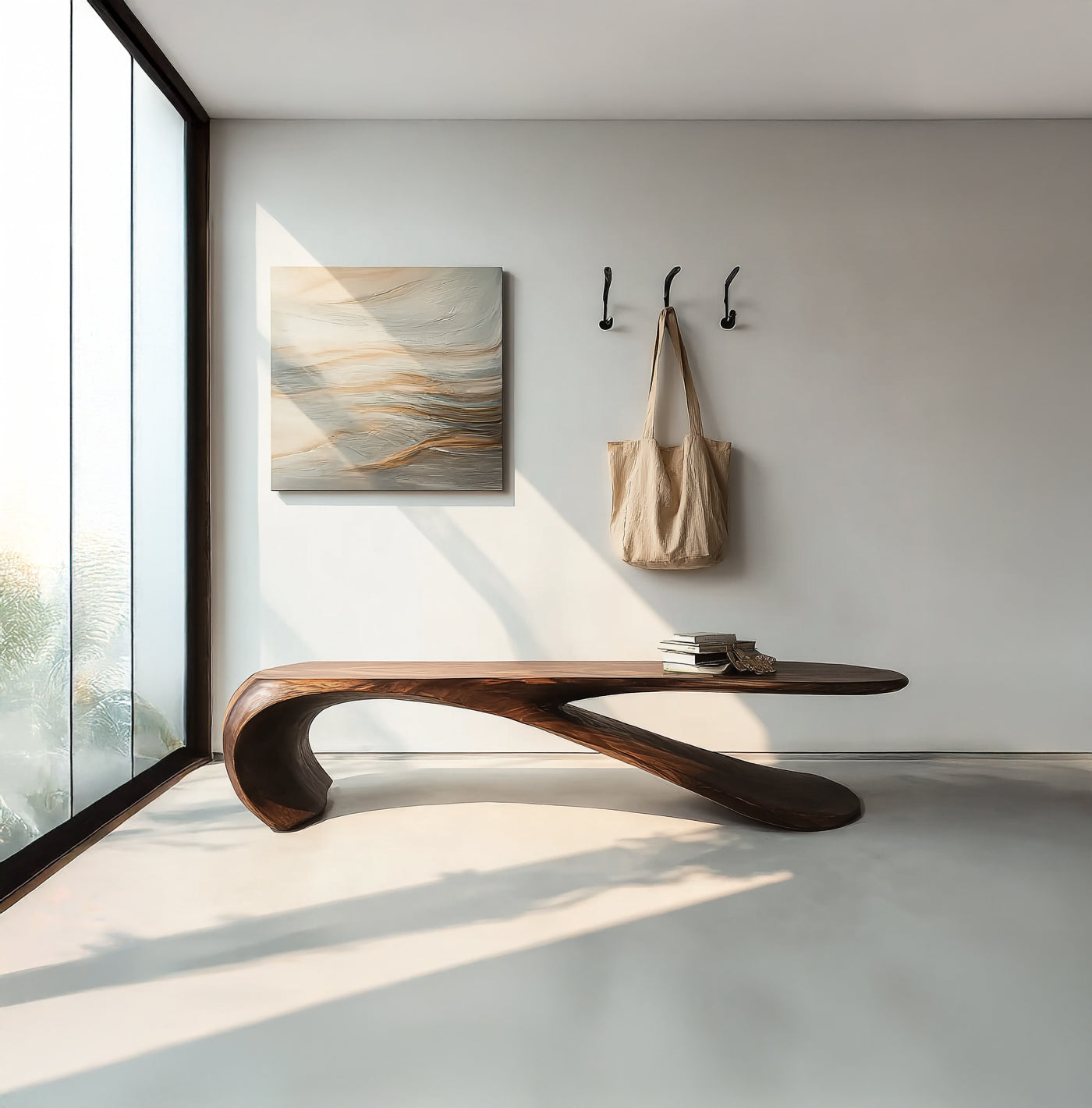 Handgefertigte Holzbank – Modern & Organisch mit geschwungener Form für Diele