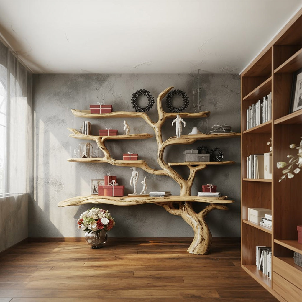 Rustikales Massivholz-Bücherregal – Handgefertigt mit Live Edge Wanddesign