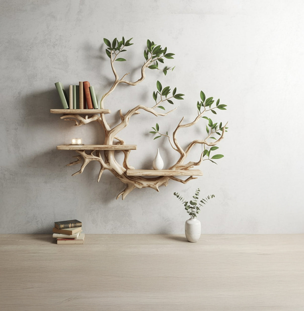 Baum-Bücherregal – Schwebende Wandregale aus Massivholz mit Schnitzerei