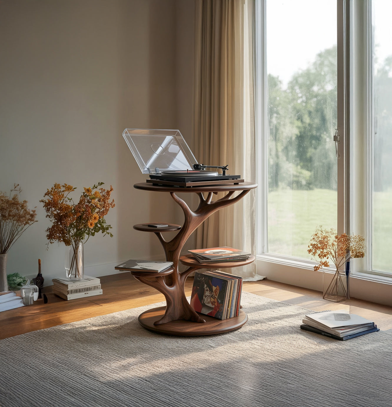 Handgefertigter Plattenspieler-Ständer aus Holz – Künstlerischer Vinyl-Tisch