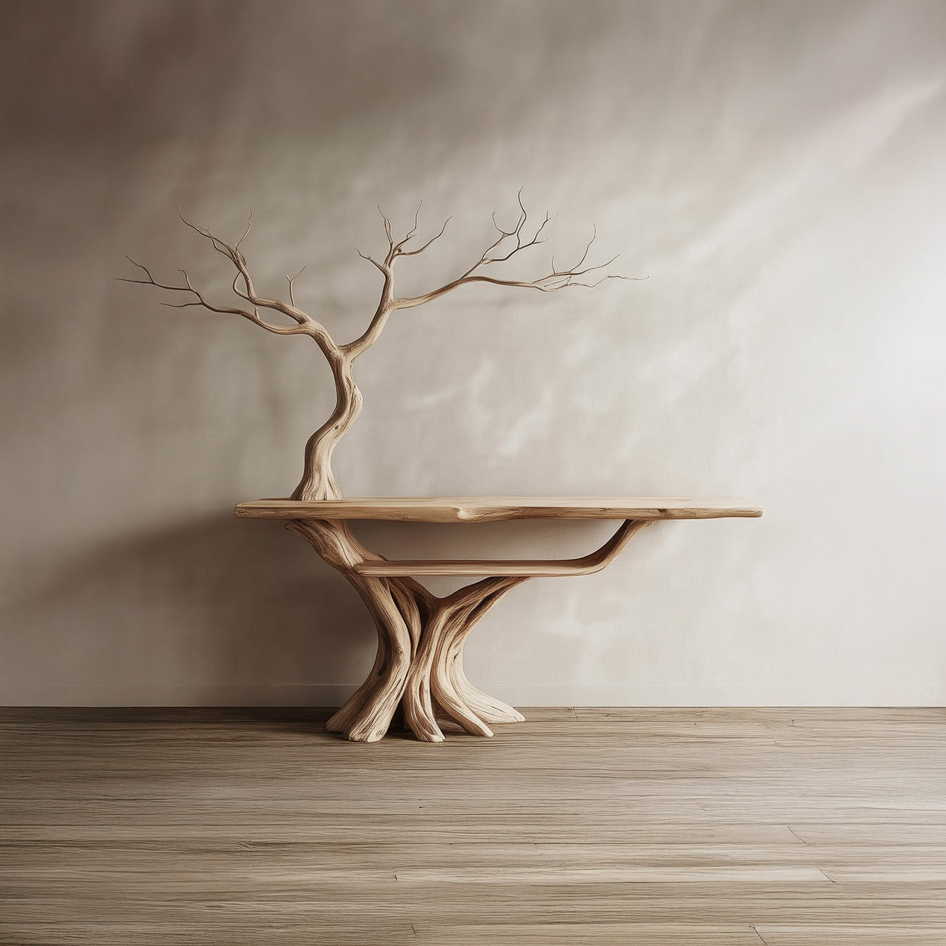 Handgefertigter Konsolentisch aus Massivholz – Skulpturales Baumdesign