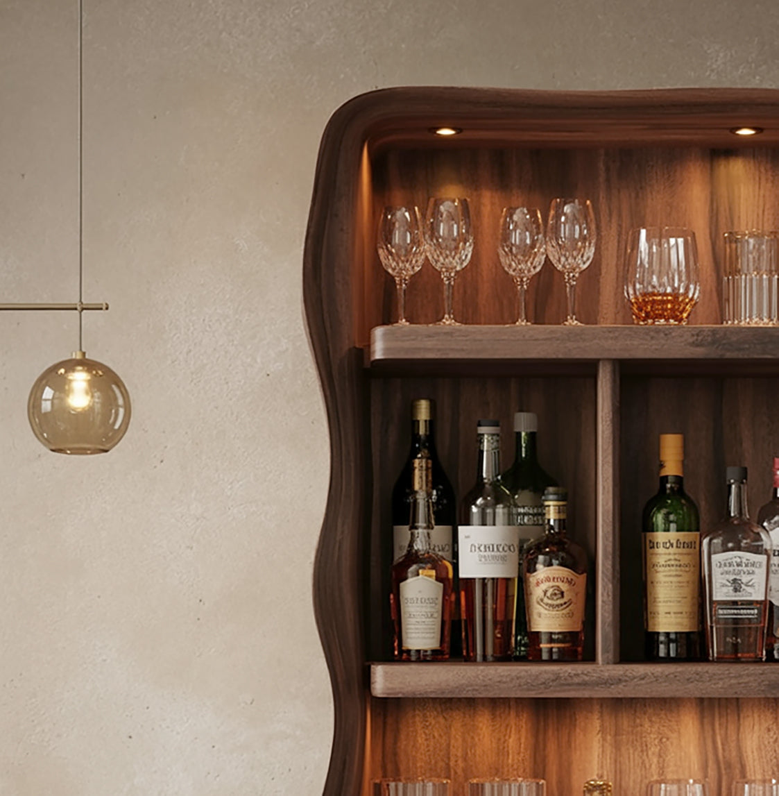 Rustikales Live Edge Barregal – schwebendes Massivholz-Regal für Küche & Bar