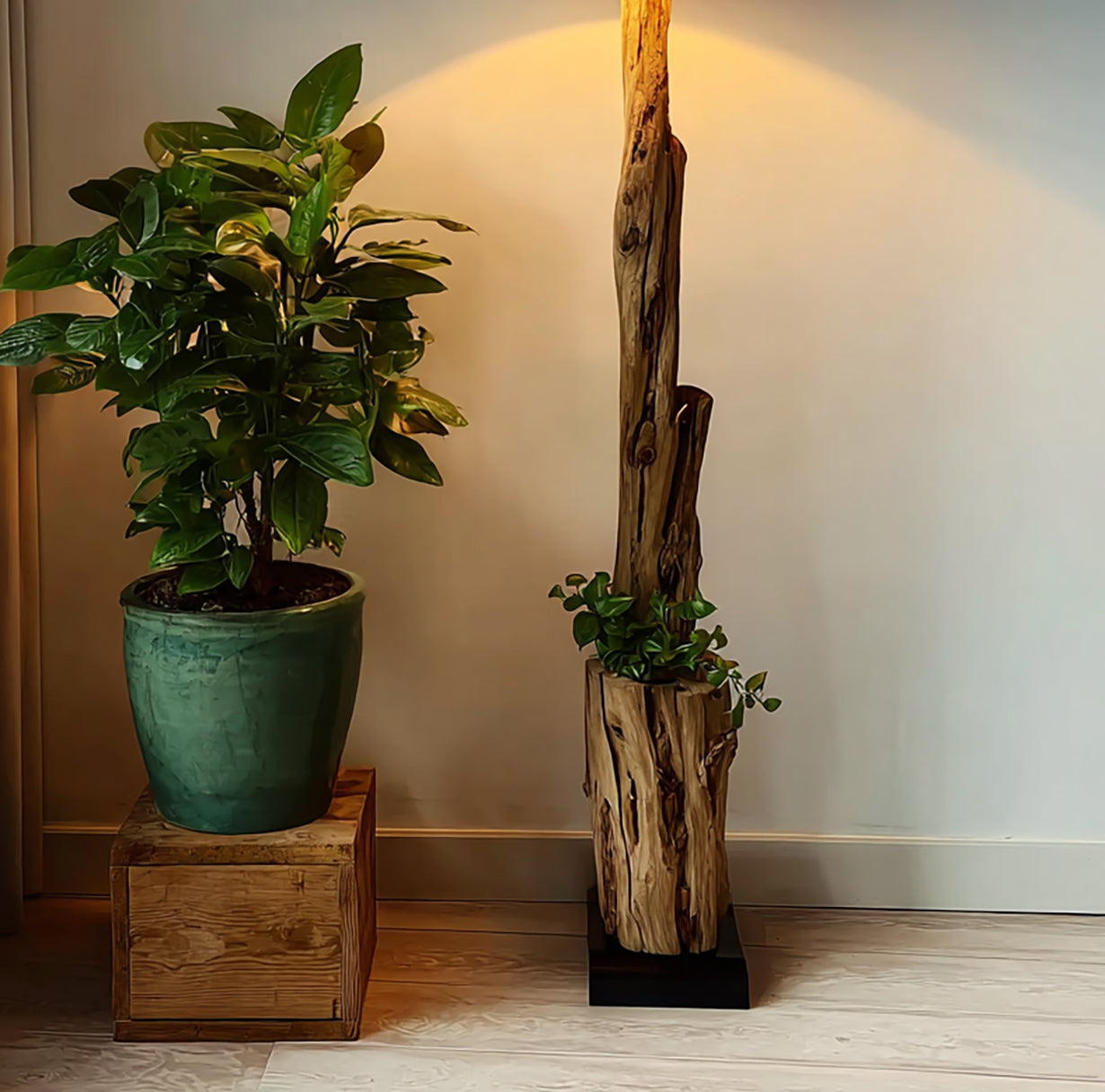 Rustikale Treibholz-Stehlampe mit Rattan-Lampenschirm, handgefertigt