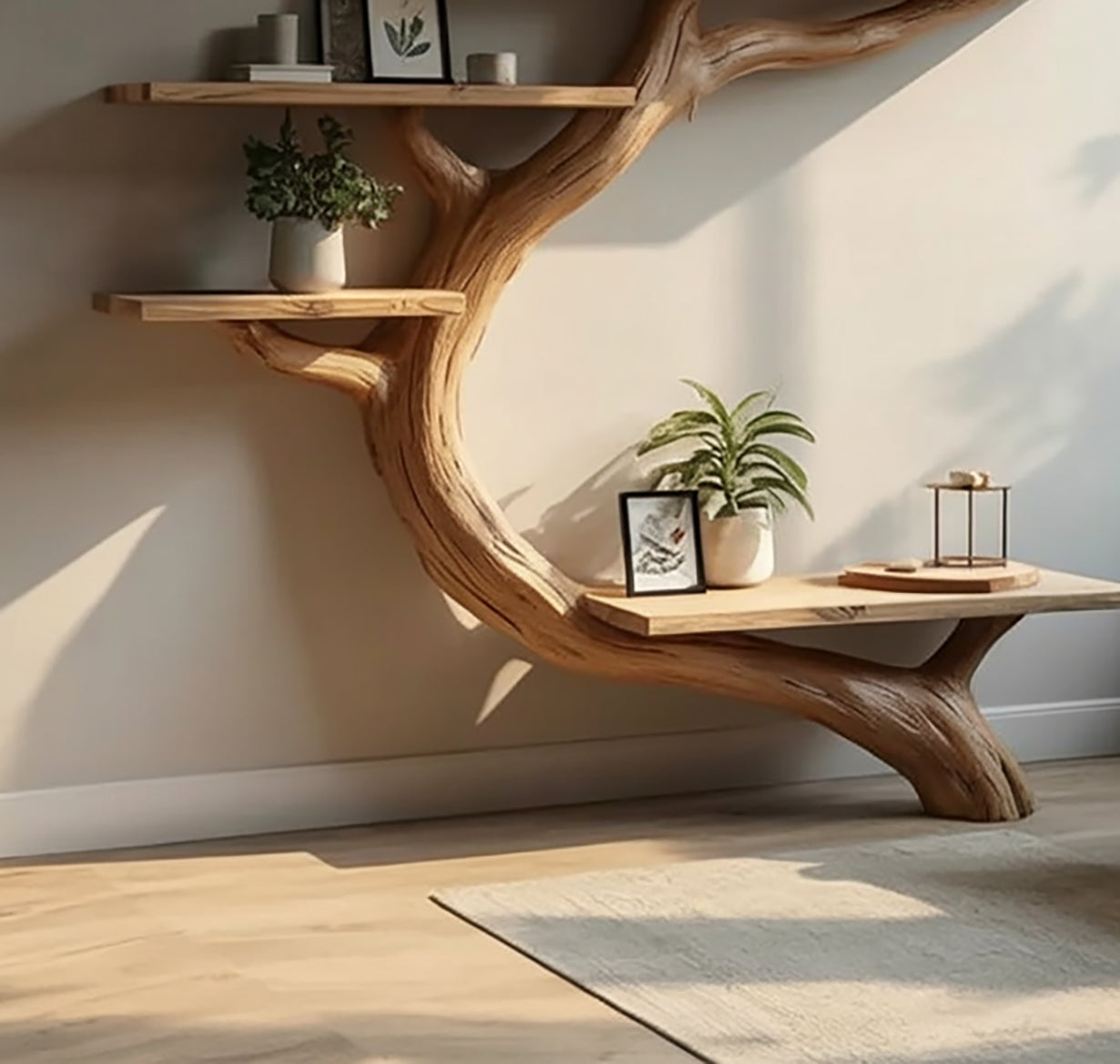Rustikales Baum Bücherregal – Schwebendes Wandregal Wohnzimmer