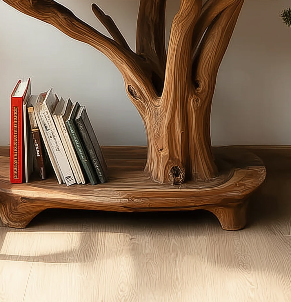 Rustikaler Massivholz-Beistelltisch mit Baumzweig-Design und Ablage