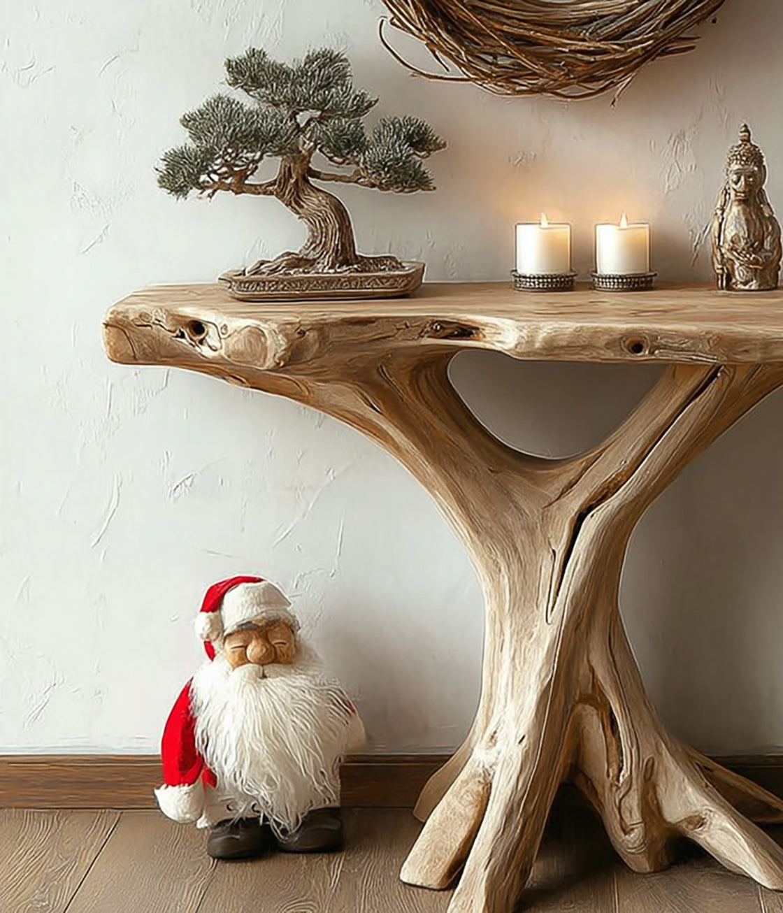 Rustikaler Baumwurzel-Konsolentisch – Handgefertigter Live-Edge-Flurtisch