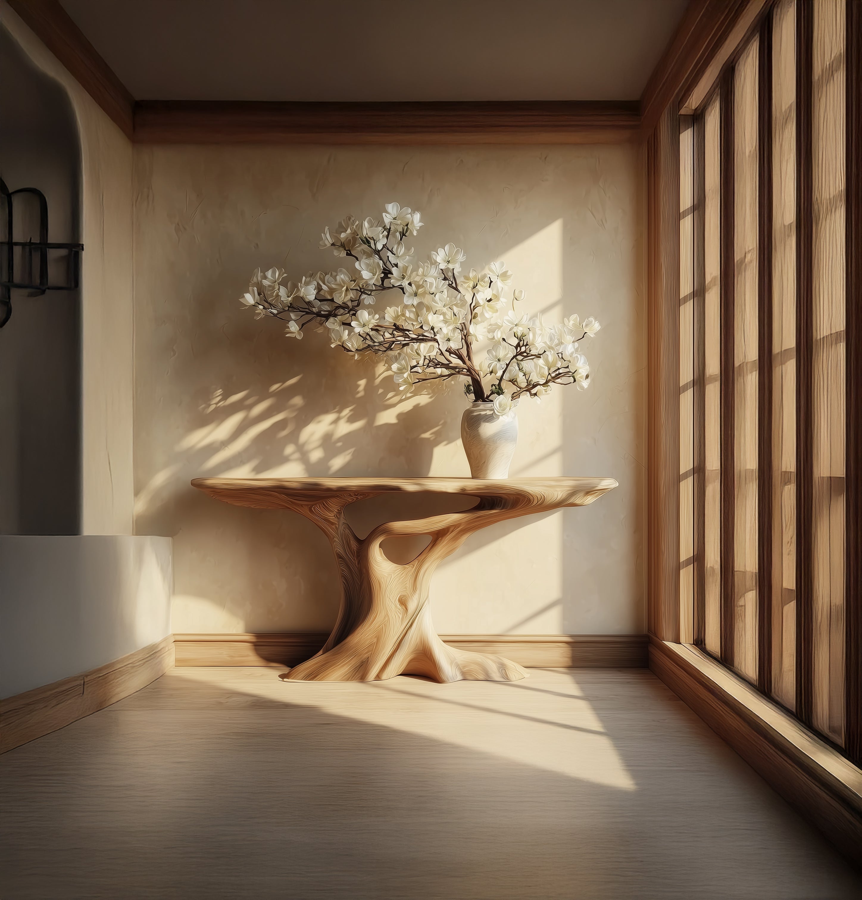 Handgefertigter Konsolentisch mit Baumkante – rustikaler Farmhouse-Stil