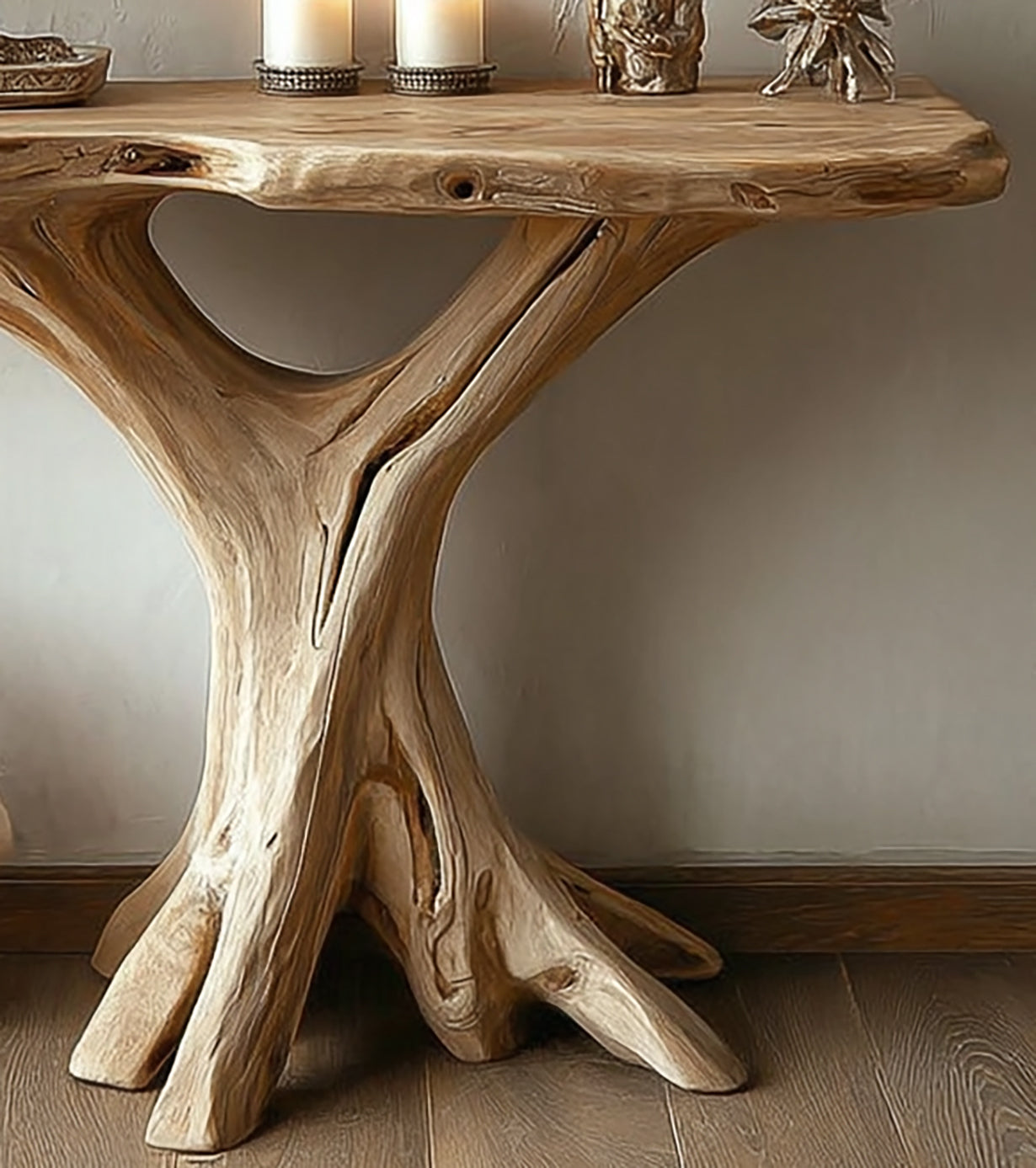 Rustikaler Baumwurzel-Konsolentisch – Handgefertigter Live-Edge-Flurtisch