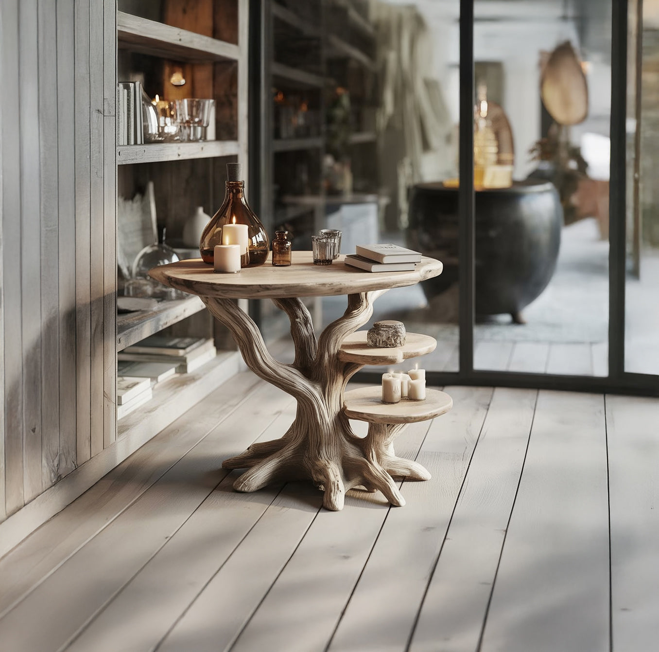 Handgefertigter Beistelltisch aus Massivholz mit Baumfuß, rustikal