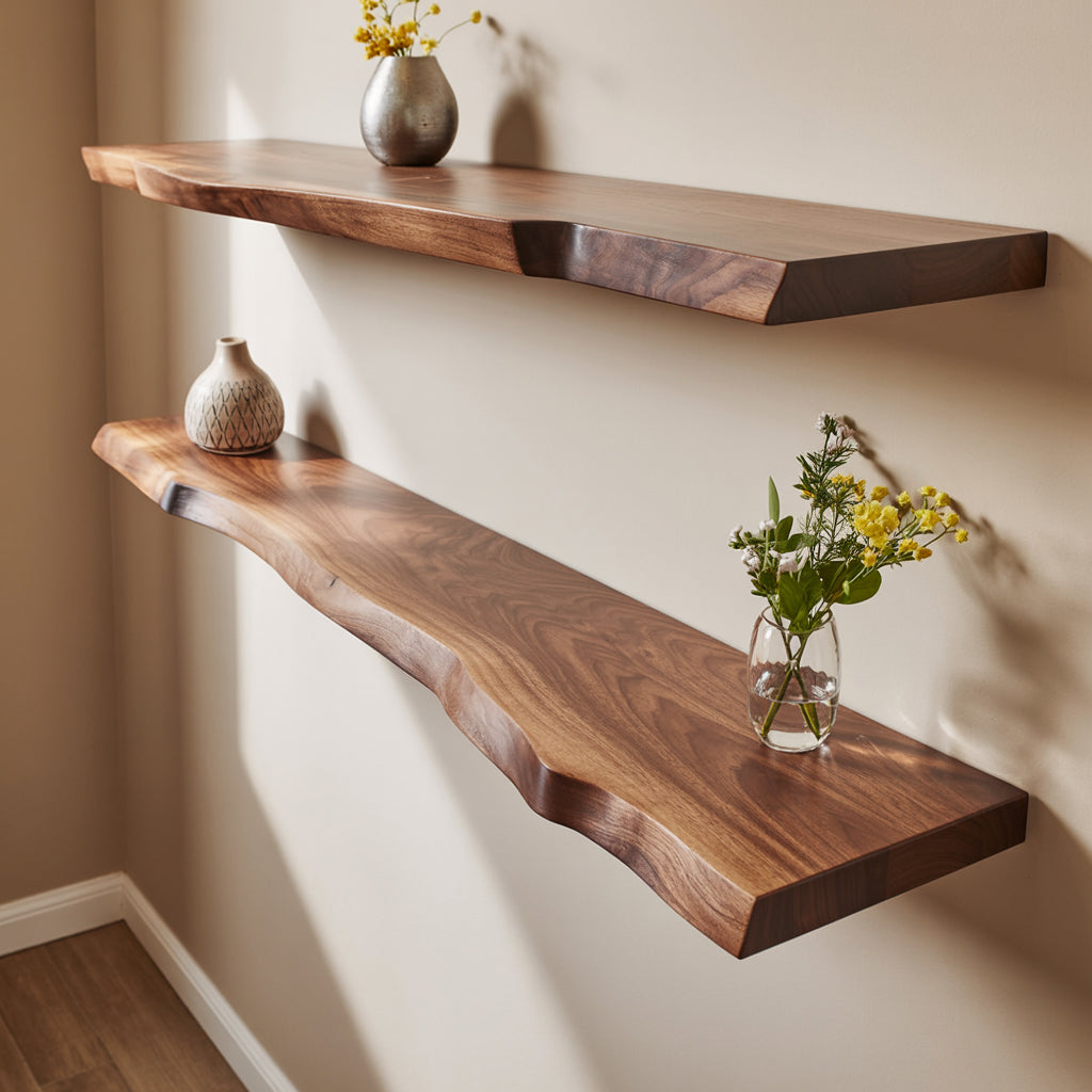 Live Edge Wandregal aus Massivholz – Schwebende Wanddeko